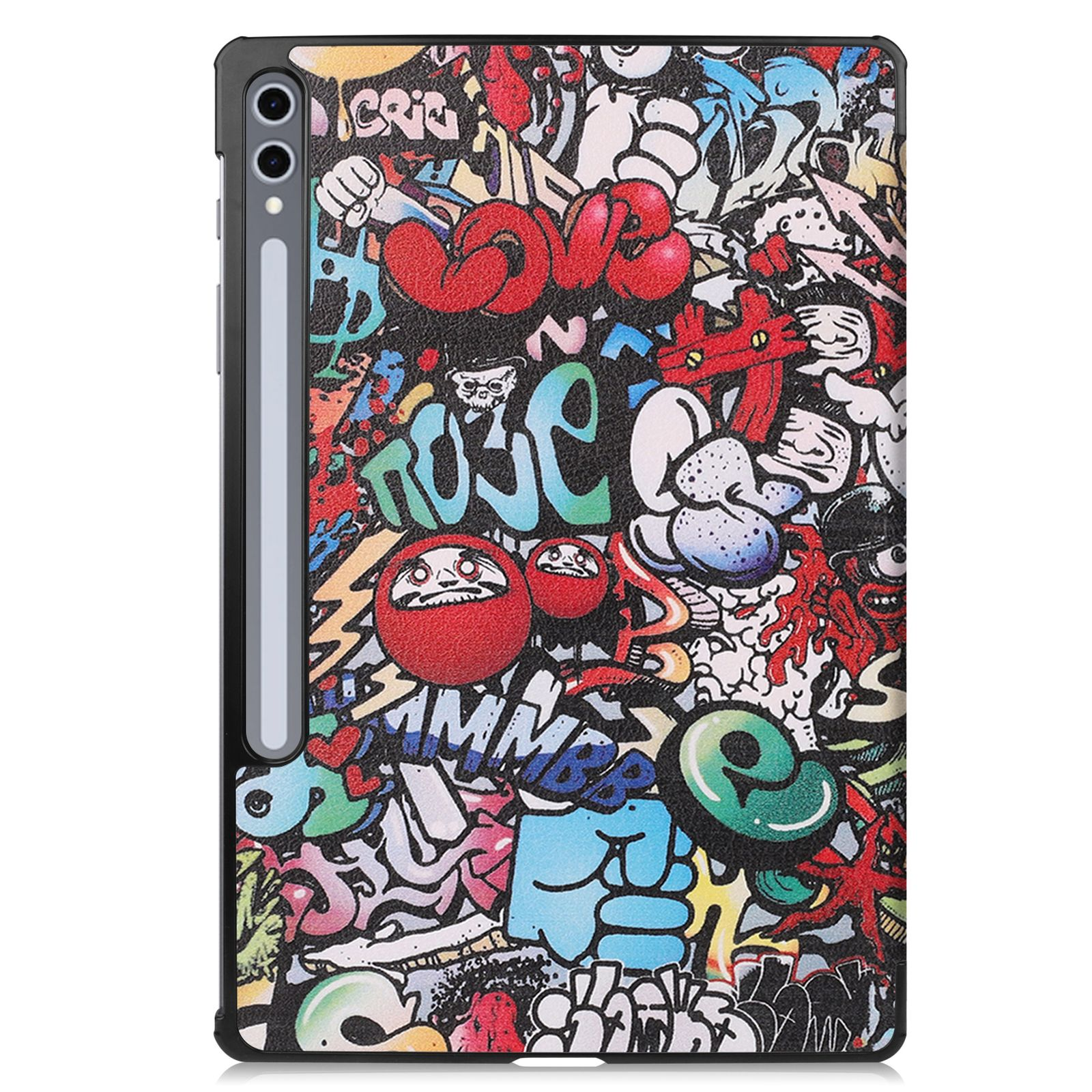 Custodia per tablet con stampa graffiti colorata, che mostra una penna stilografica a sinistra.