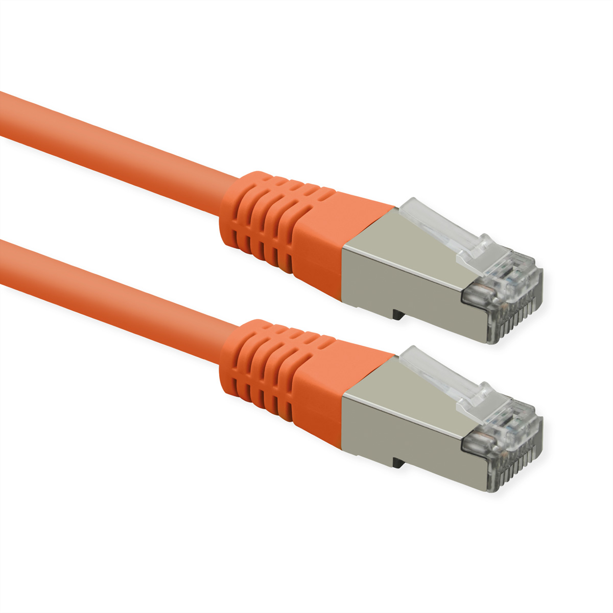 Zwei orangefarbene Netzwerkkabel mit silbernen Steckern auf weißem Hintergrund.