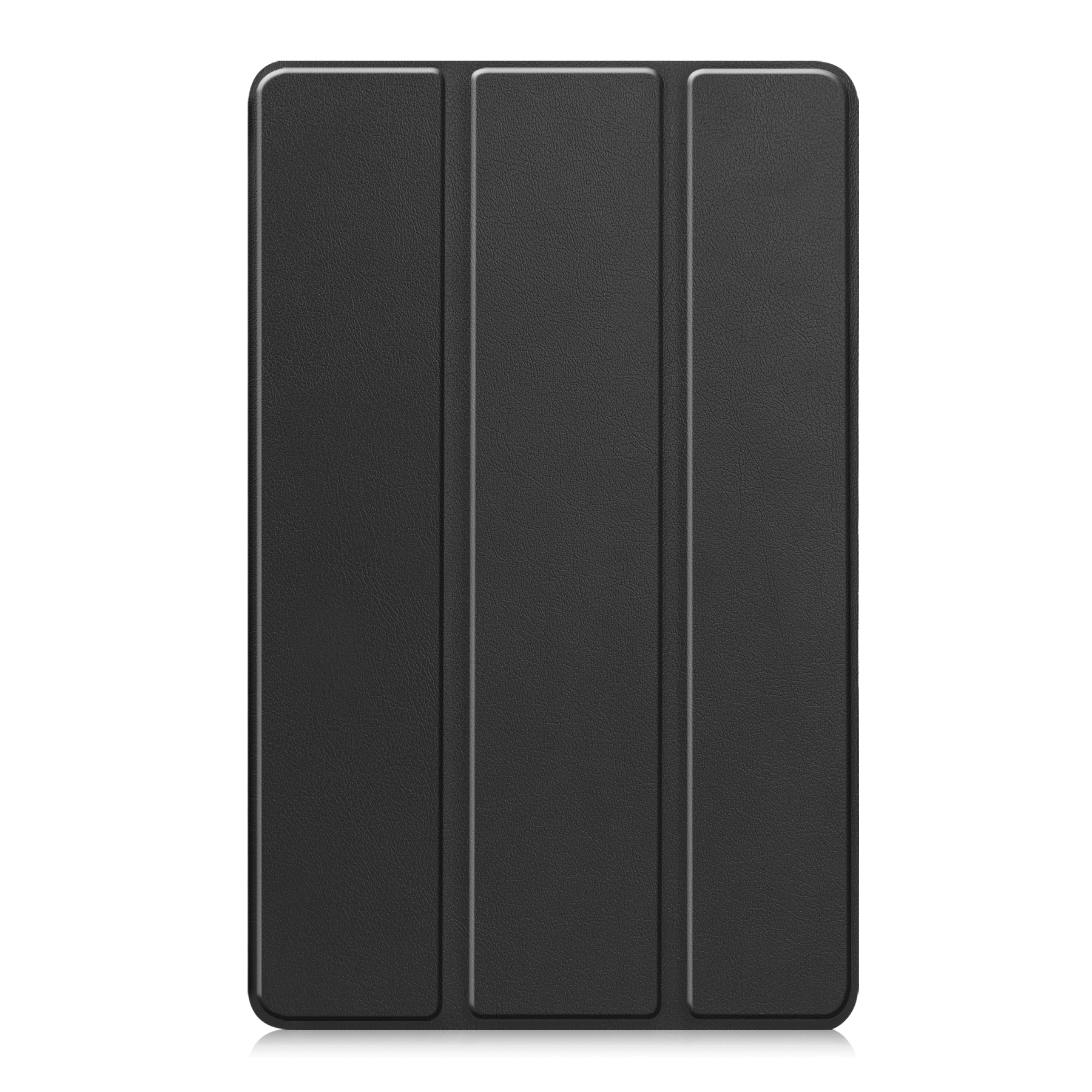Schwarze Tablet-Hülle mit drei vertikalen Falten. Weiße Hintergrund.