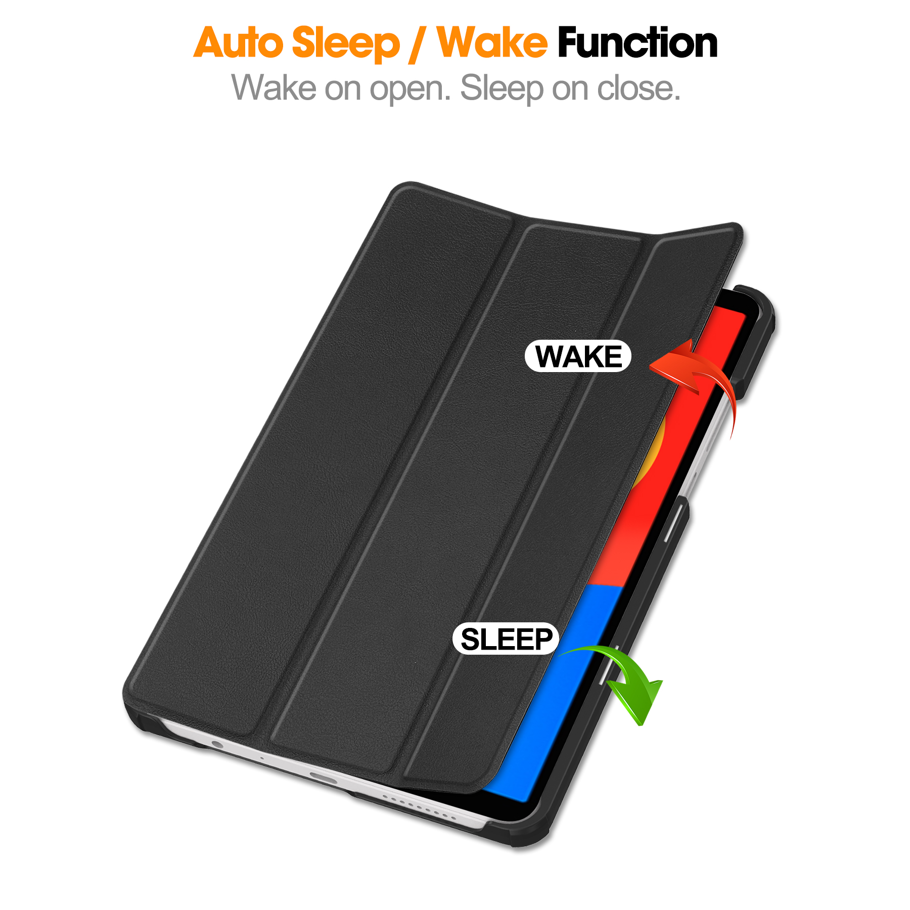 Schwarzes Tablet-Case mit aufgeschlagener Klappe, zeigt Wake/Sleep-Funktion.