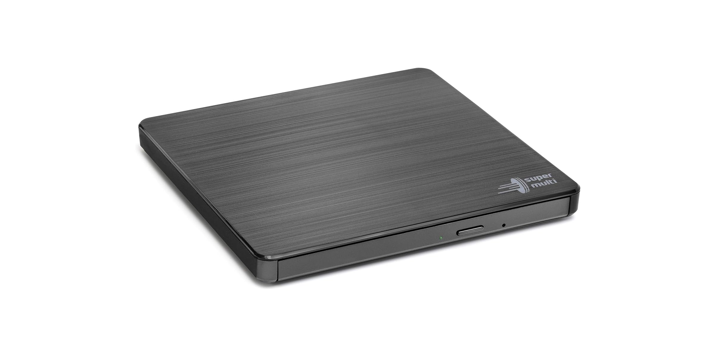 Ein dunkler, schlanker externer CD/DVD-Brenner mit gebürsteter Metalloberfläche.