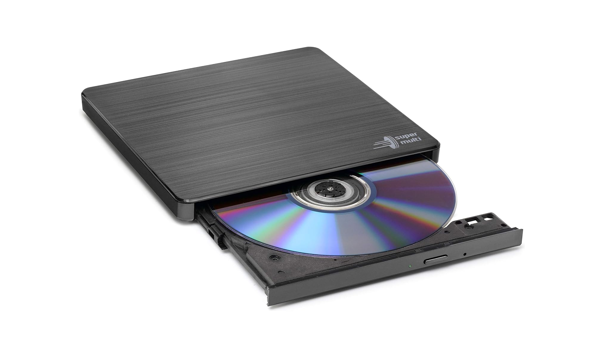 Ein dunkler, externer DVD-Brenner mit einer eingelegten CD.