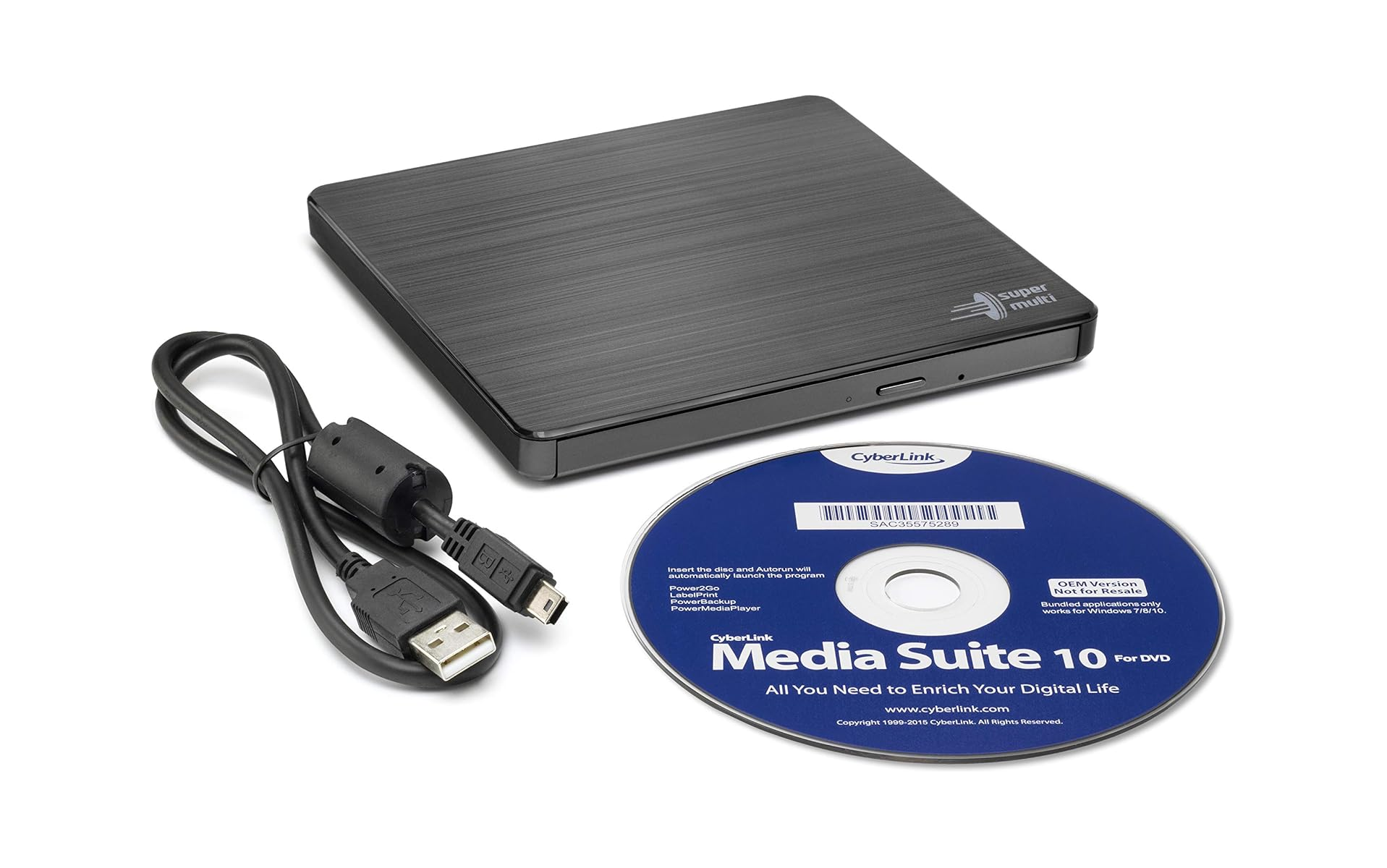 Schwarzer externer Super Multi DVD-Brenner mit USB-Kabel und CyberLink Media Suite 10 Disc.