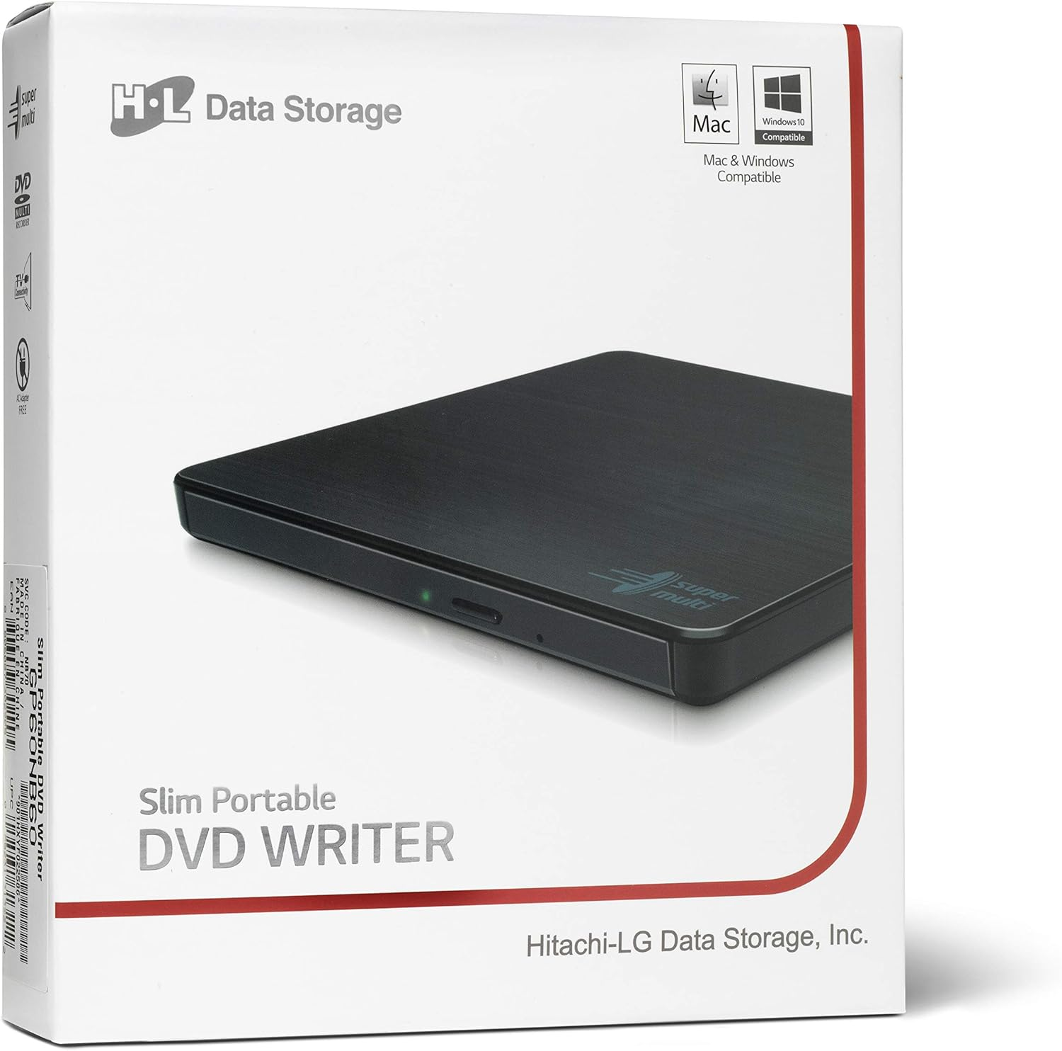 Verpackung eines schlanken tragbaren DVD-RW-Laufwerks von Hitachi-LG.