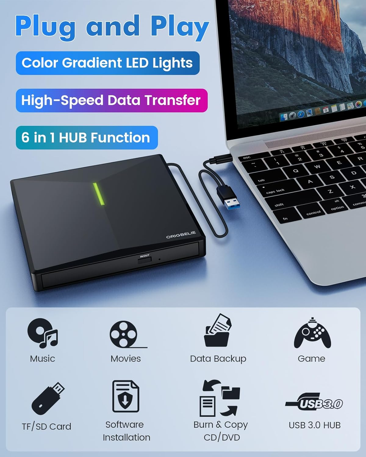 Schwarzer externer CD/DVD-Brenner mit Laptop und USB-Anschluss. Symbole für Musik, Filme, Spiele.