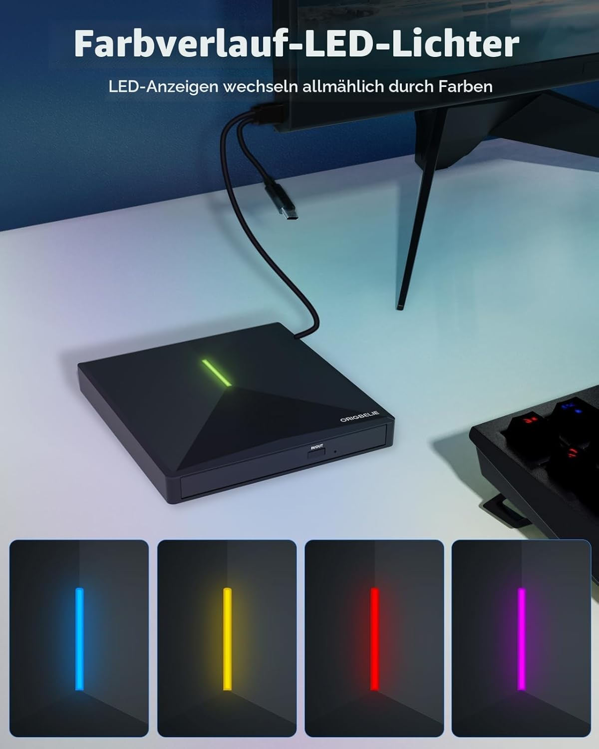 Schwarzes Gehäuse mit grüner, blauer, gelber, roter und violetter LED-Beleuchtung.