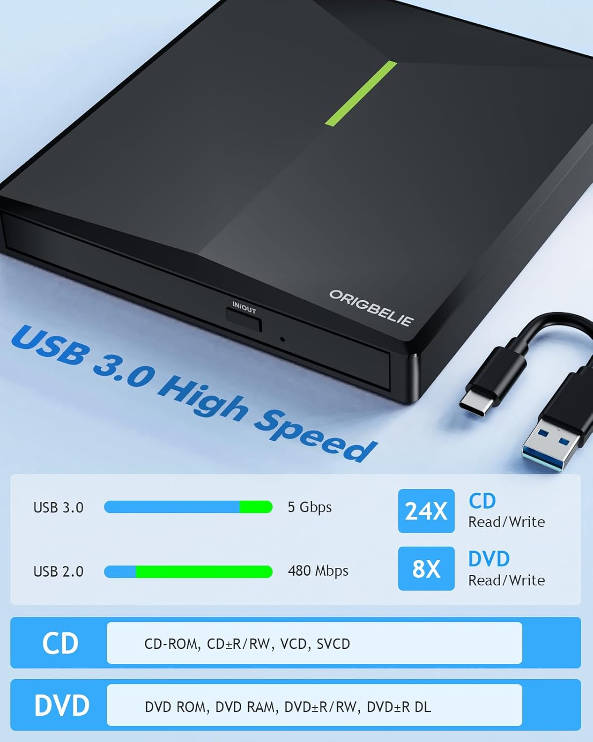 Schwarzer externer USB 3.0-DVD-Brenner mit Spezifikationen für CD/DVD-Geschwindigkeiten.