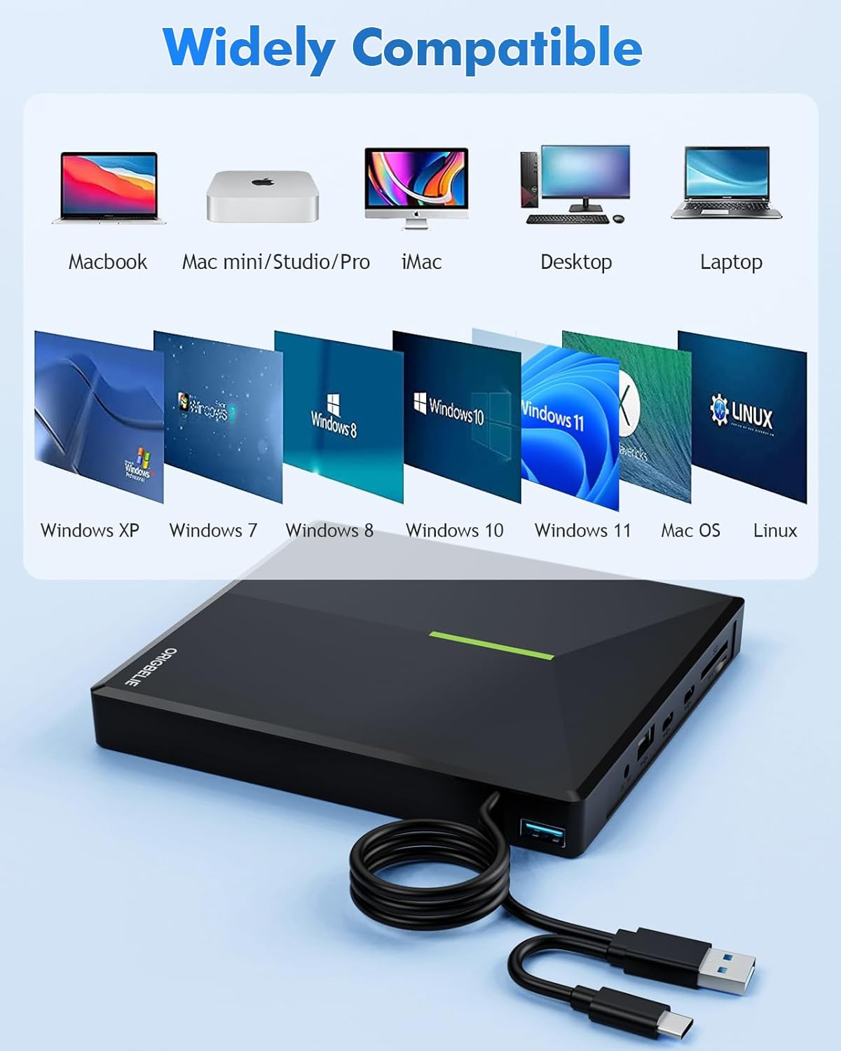 Ein schwarzes Gehäuse mit einem USB-C-Kabel und verschiedenen Betriebssystem-Logos.