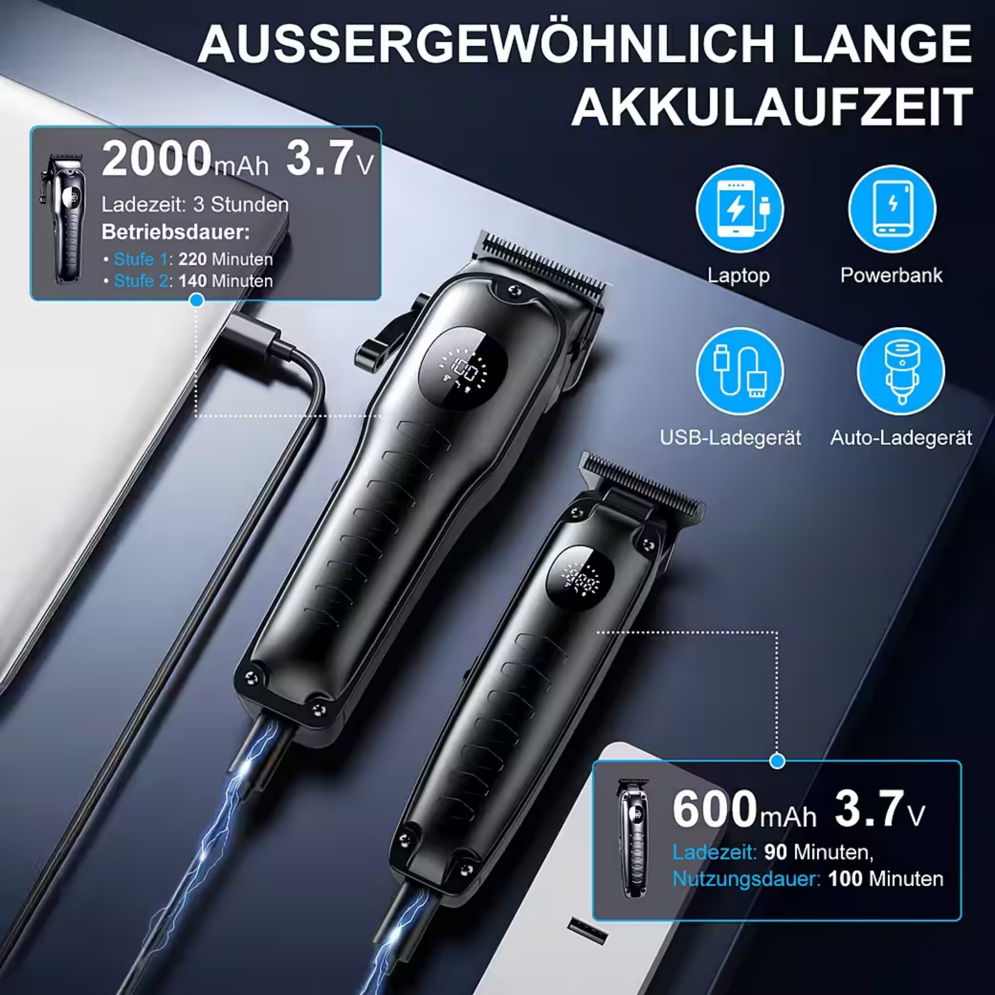Zwei schwarze Haarschneider, einer lädt. Details zu Akkulaufzeit und Ladeoptionen.