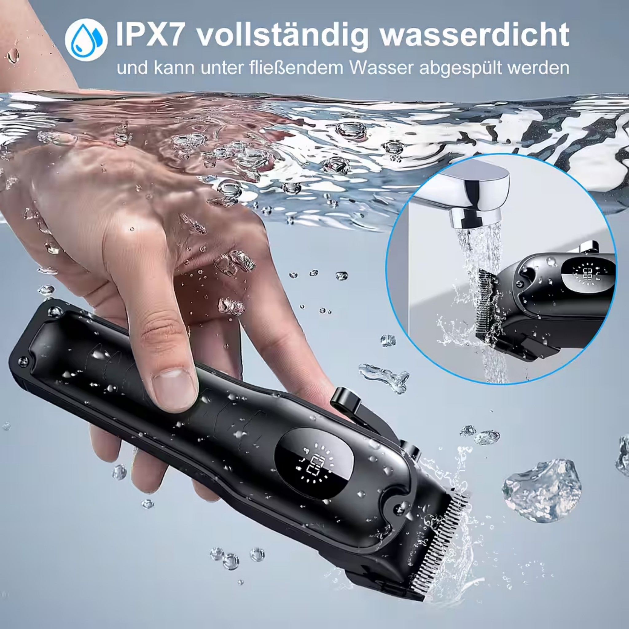 Eine Hand hält einen schwarzen Rasierer unter Wasser, der IPX7 wasserdicht ist.