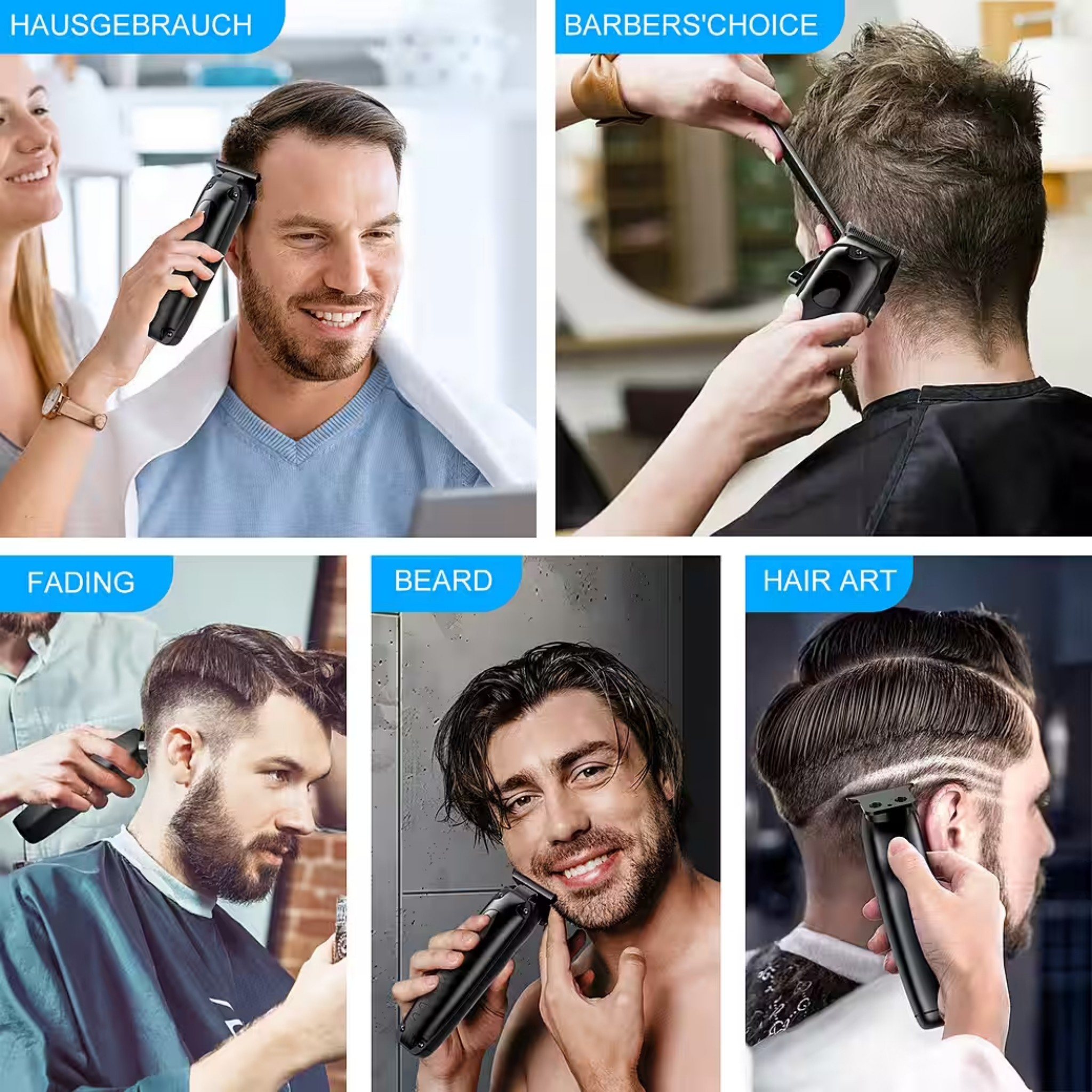 Fünf Szenen zeigen Männer, die sich die Haare oder den Bart trimmen.