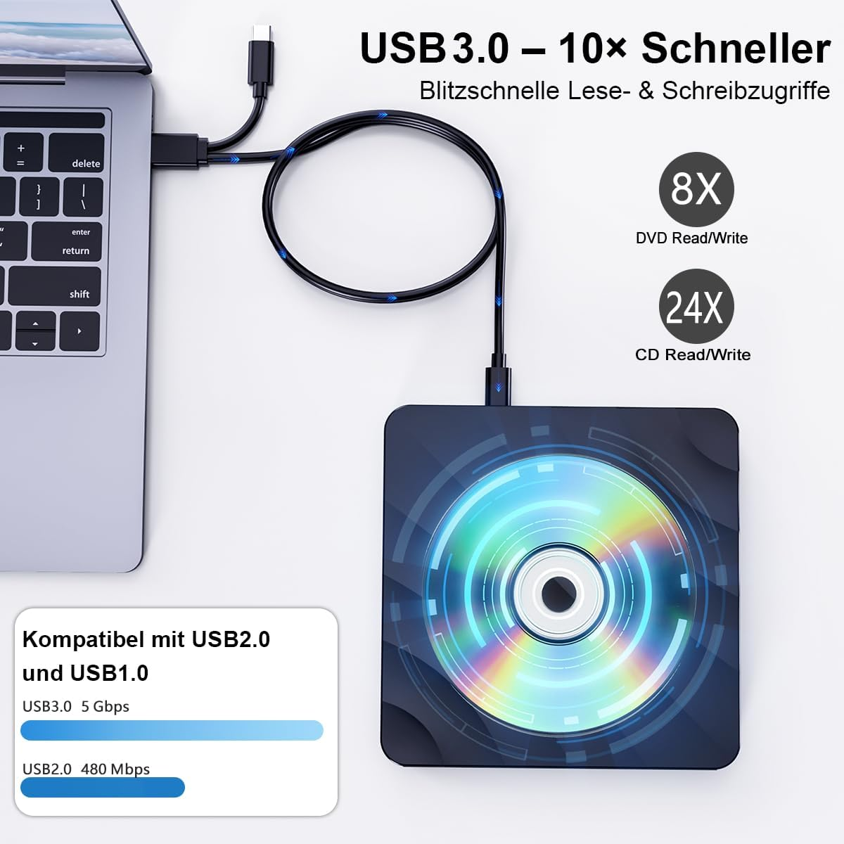 Ein USB 3.0-DVD-Laufwerk ist an einen Laptop angeschlossen. Es zeigt 8x DVD und 24x CD Lese-/Schreibgeschwindigkeiten.