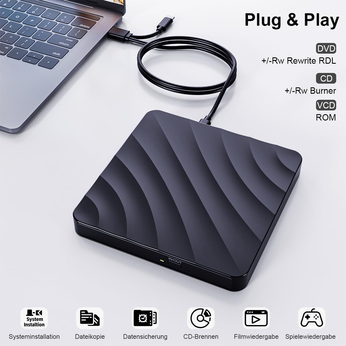 Schwarzer externer DVD-Brenner mit geschwungenem Muster, verbunden mit einem Laptop.