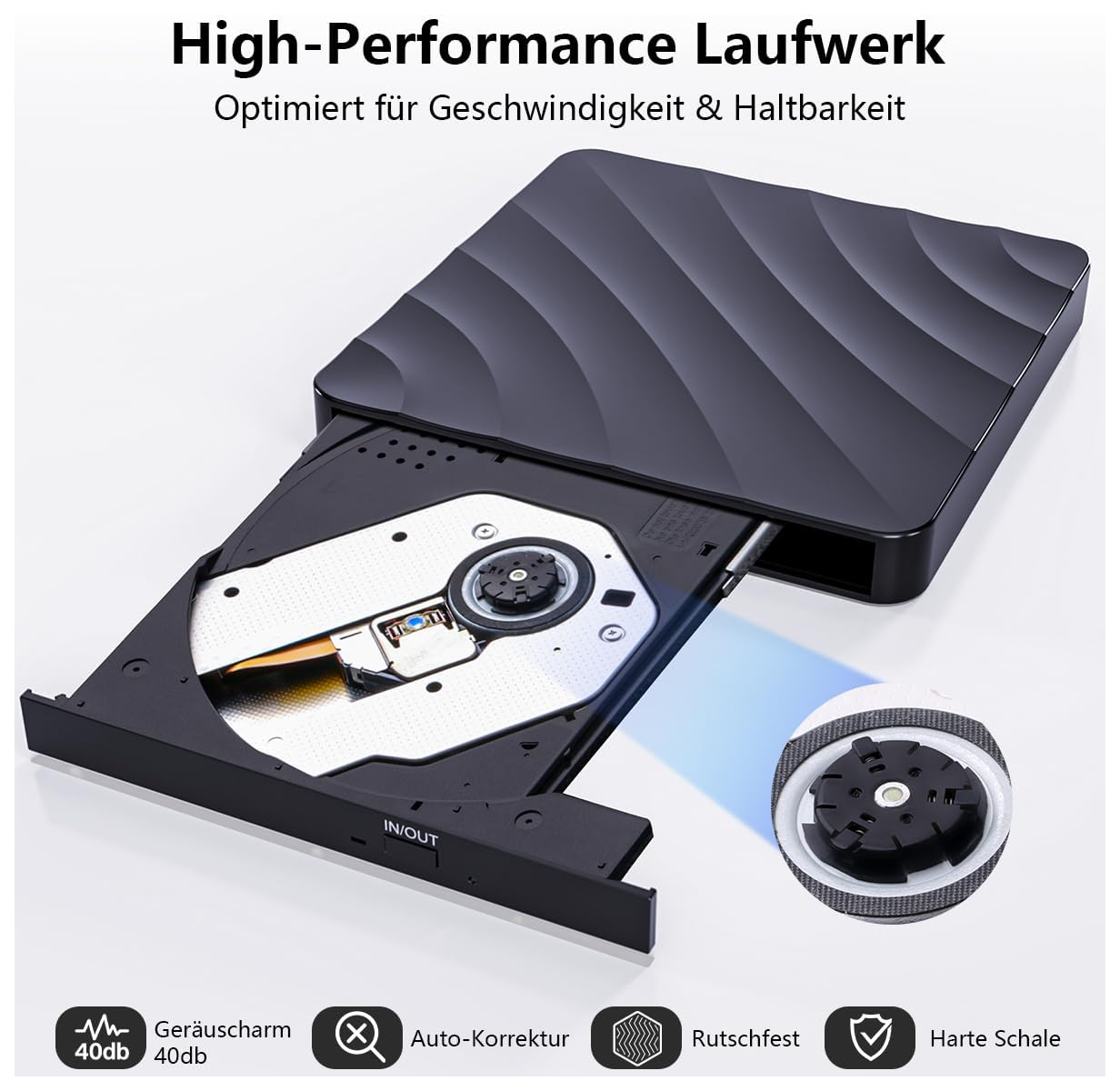 Ein CD/DVD-Laufwerk mit geöffneter Schublade, das die interne Mechanik zeigt.