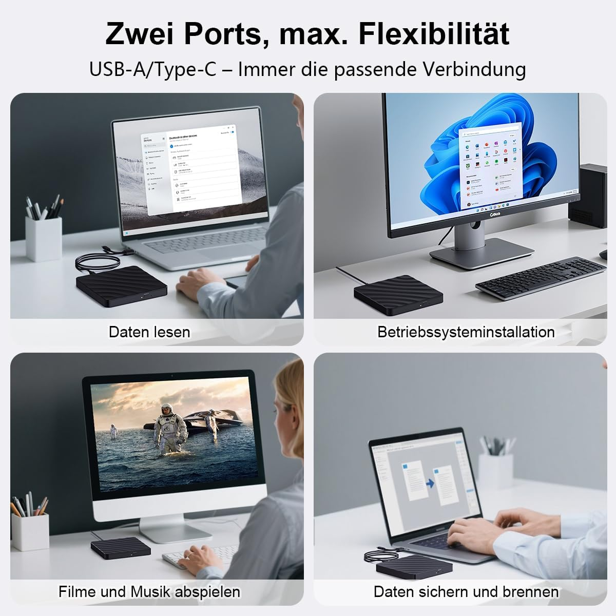 Vier Szenen zeigen einen tragbaren Speicher mit Laptops und Monitoren.