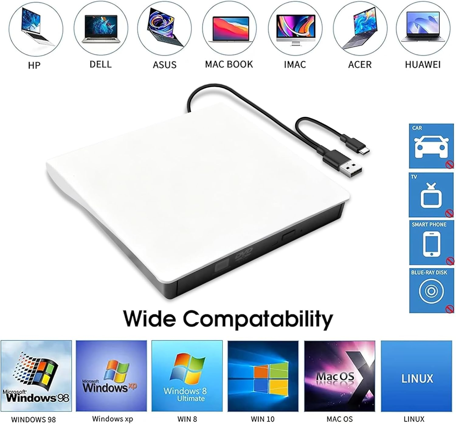 Weiße externe DVD-RW mit USB-Kabel, Kompatibilitätssymbolen oben und unten.