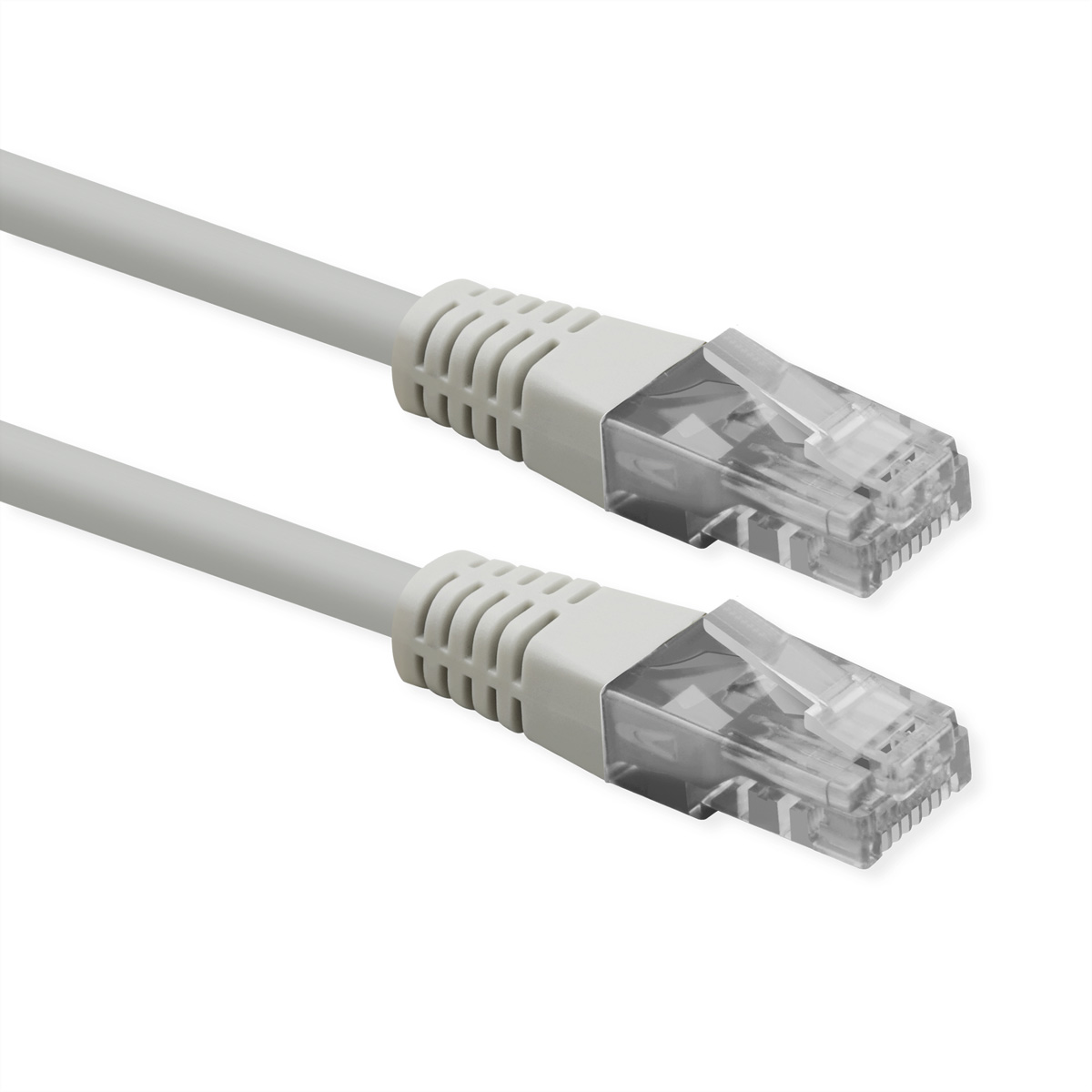 Zwei graue Netzwerkkabel mit transparenten RJ45-Steckern auf weißem Hintergrund.