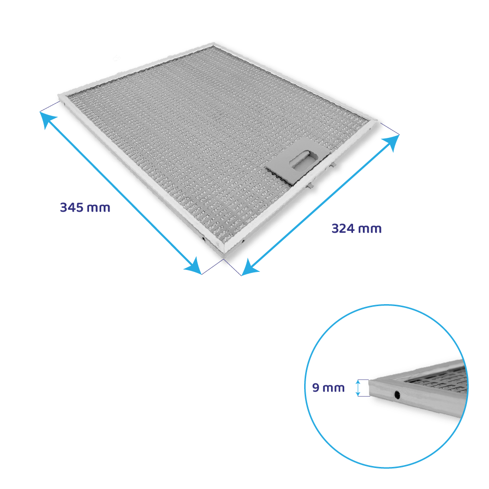 Un filtro metallico per cappa da 345x324 mm con uno spessore di 9 mm.