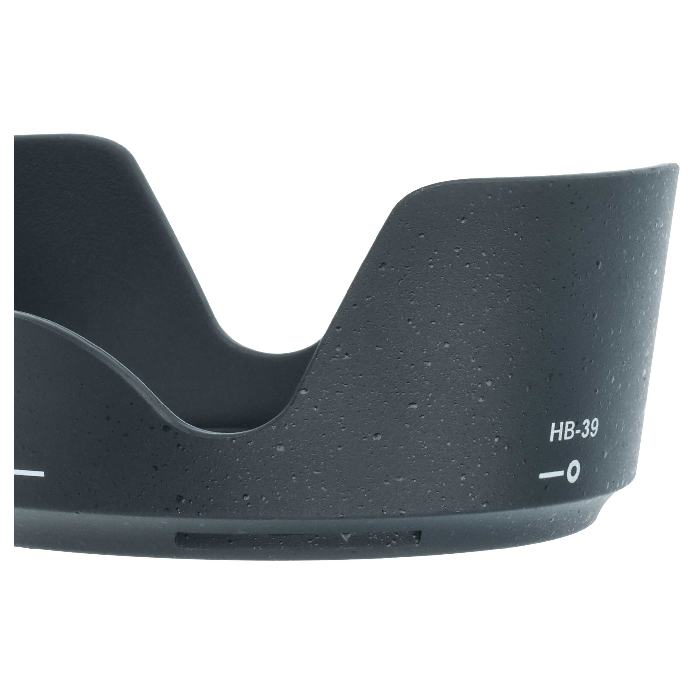 Eine schwarze Kamera-Gegenlichtblende HB-39 mit einem Markierungsring.