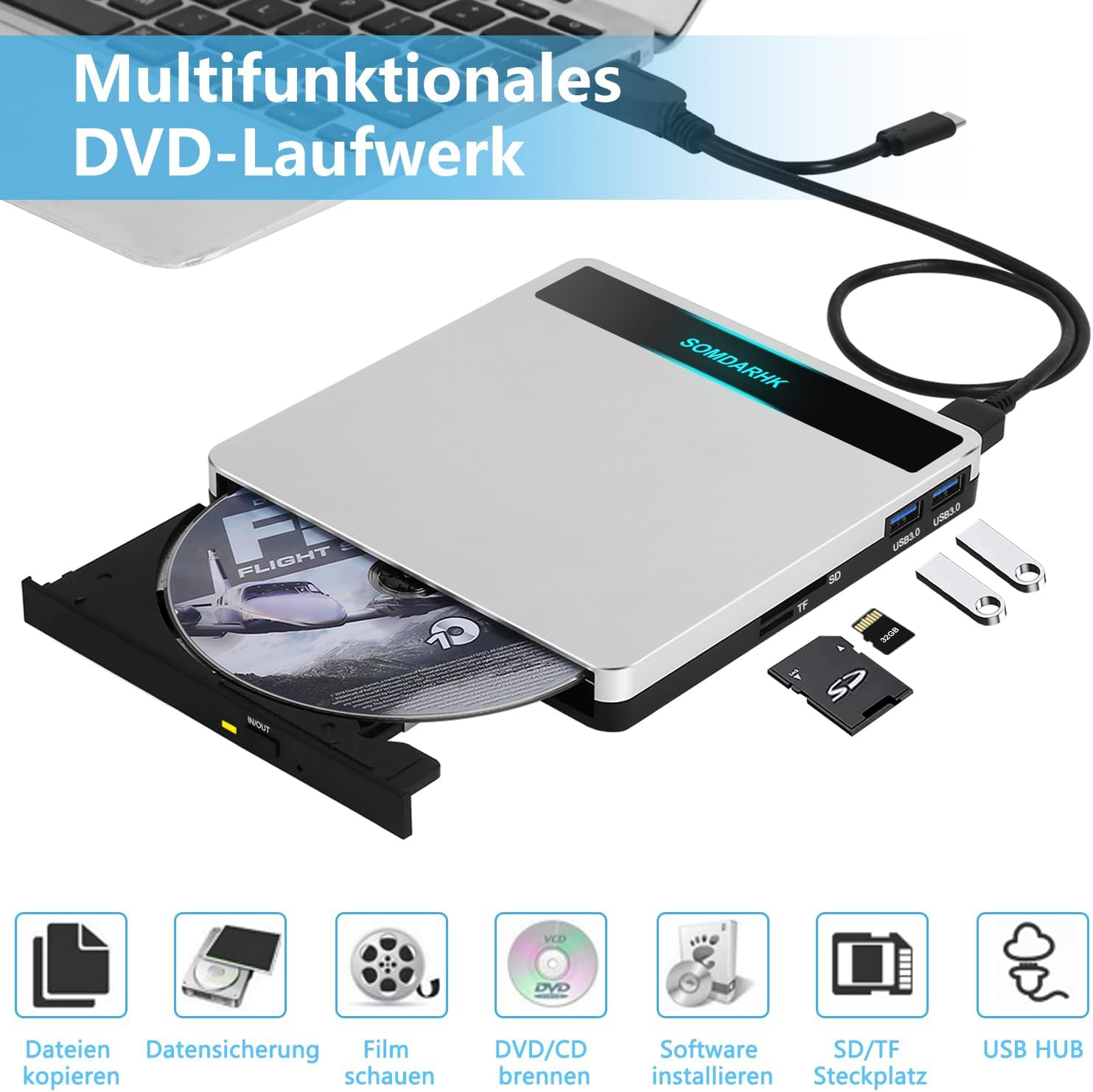Ein silbernes multifunktionales DVD-Laufwerk mit USB-Anschluss, SD/TF-Kartensteckplatz und USB-Sticks.