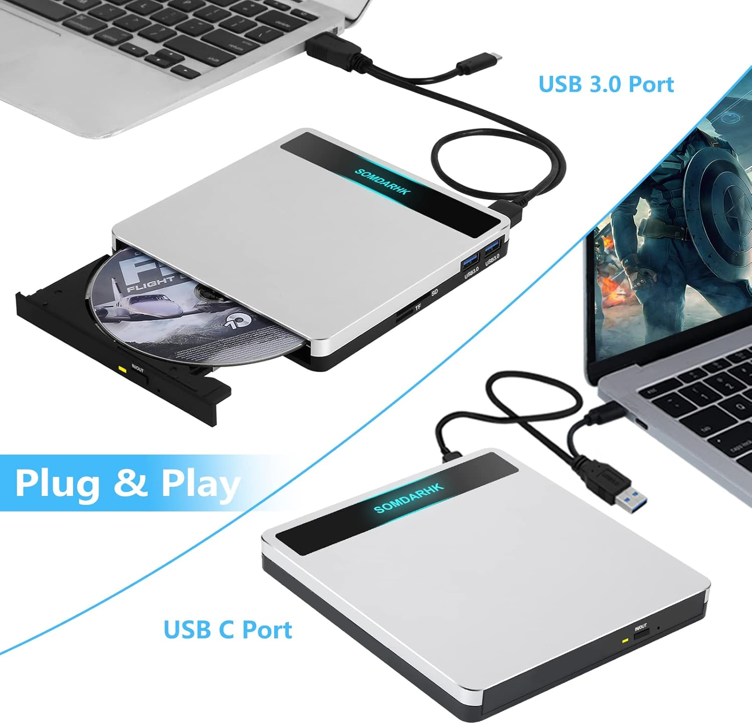 Ein silbernes externes CD/DVD-Laufwerk mit einer eingelegten CD ist über USB 3.0 mit einem Laptop verbunden.
