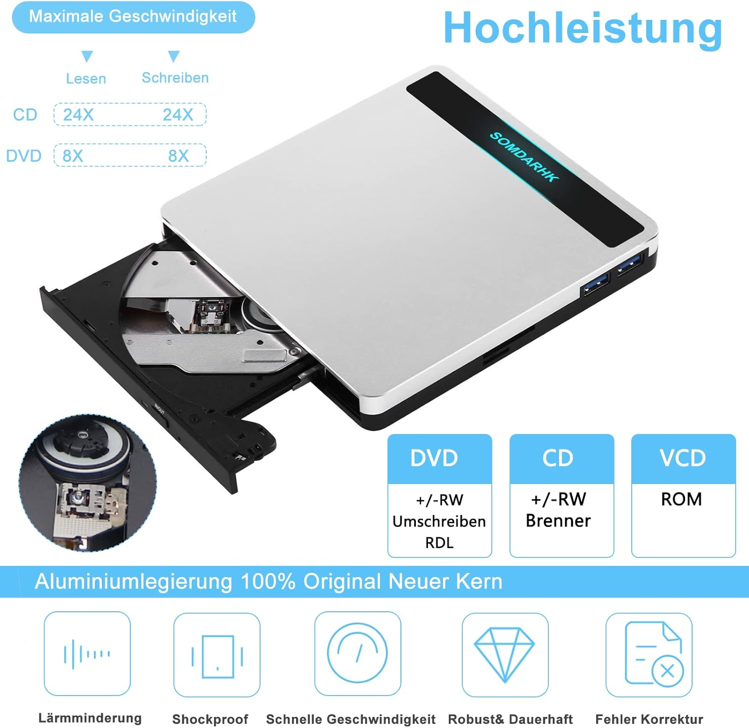 Ein silberner externer CD/DVD-Brenner mit geöffnetem Laufwerk, zeigt CD/DVD-Geschwindigkeiten.