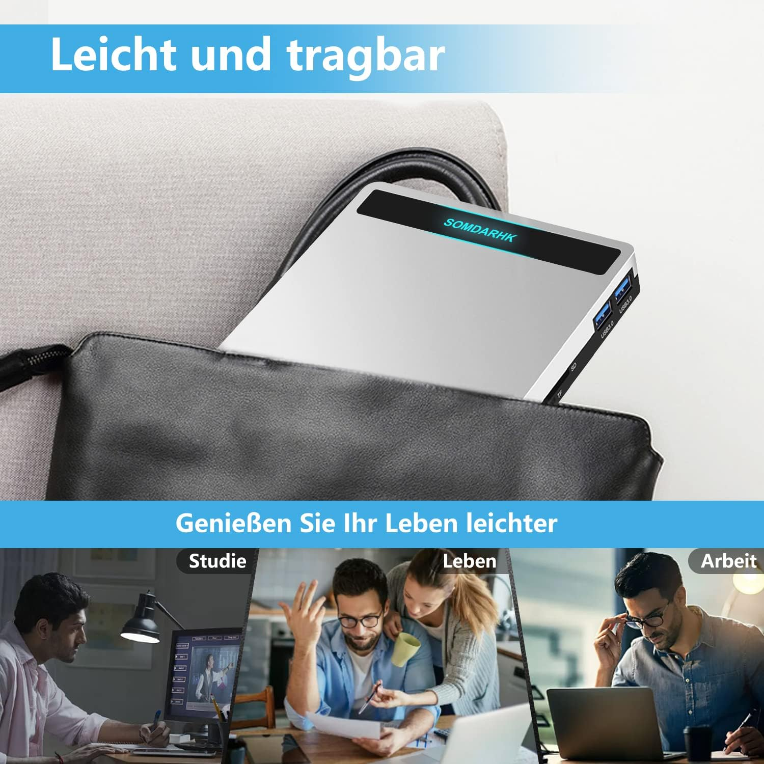 Silberne SOMDARHK tragbare Festplatte in einer Tasche. Geteiltes Bild zeigt Studium, Leben und Arbeit.