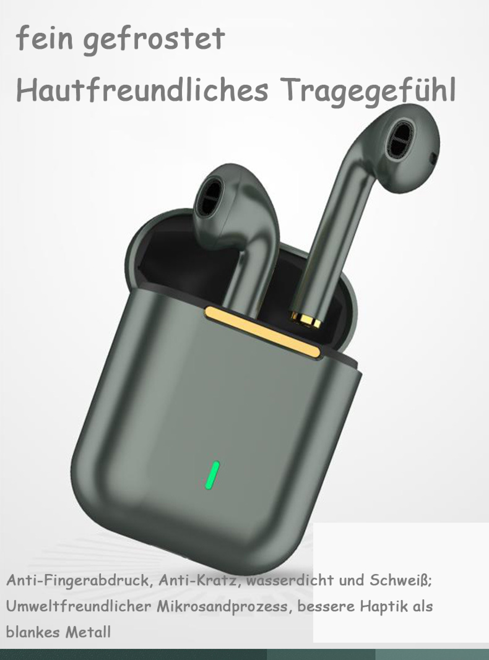 Graue kabellose Ohrhörer in einem Ladecase, fein matt.