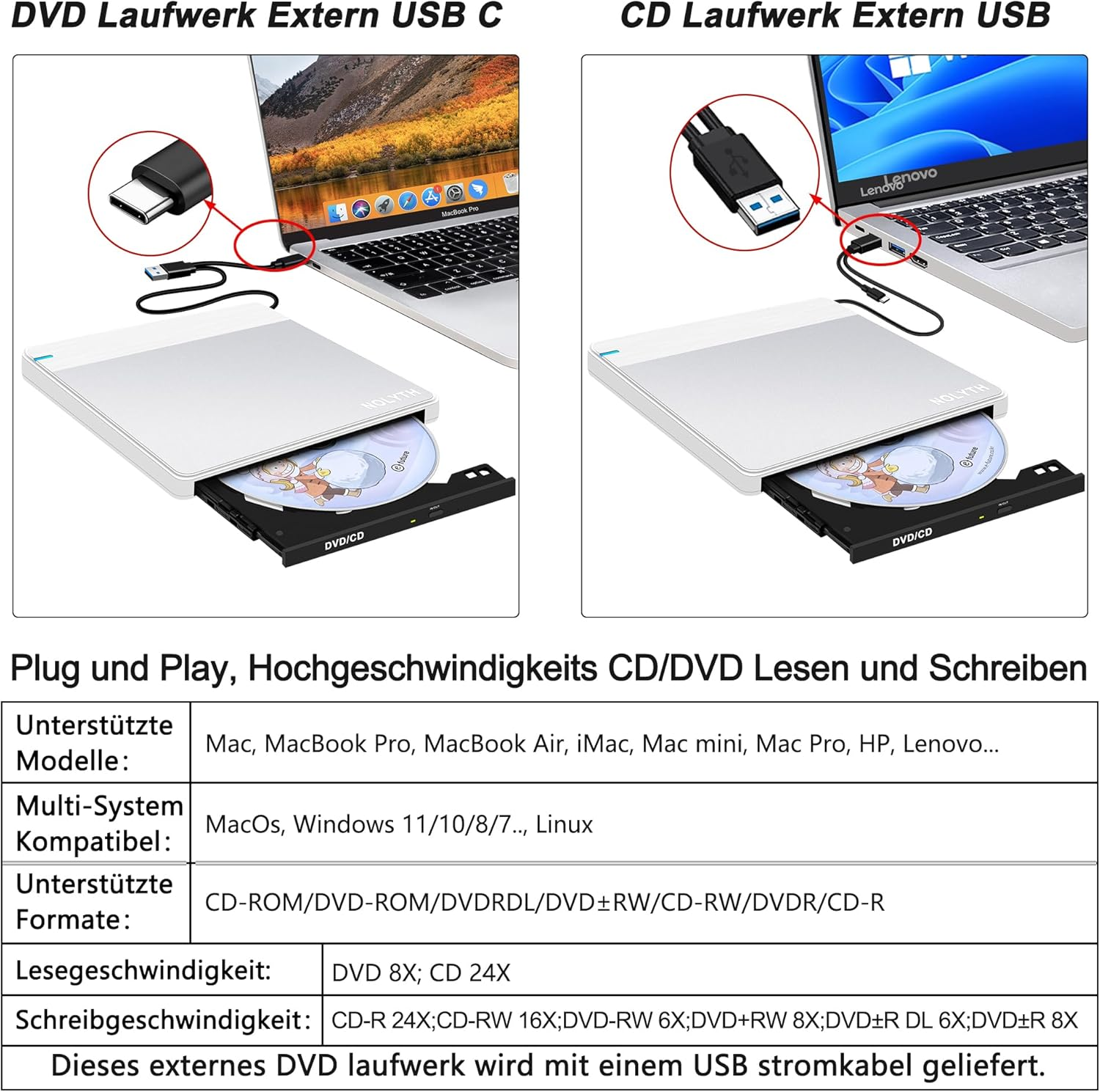 Zwei externe USB CD/DVD-Laufwerke, eines mit USB-C, das andere mit USB-A.