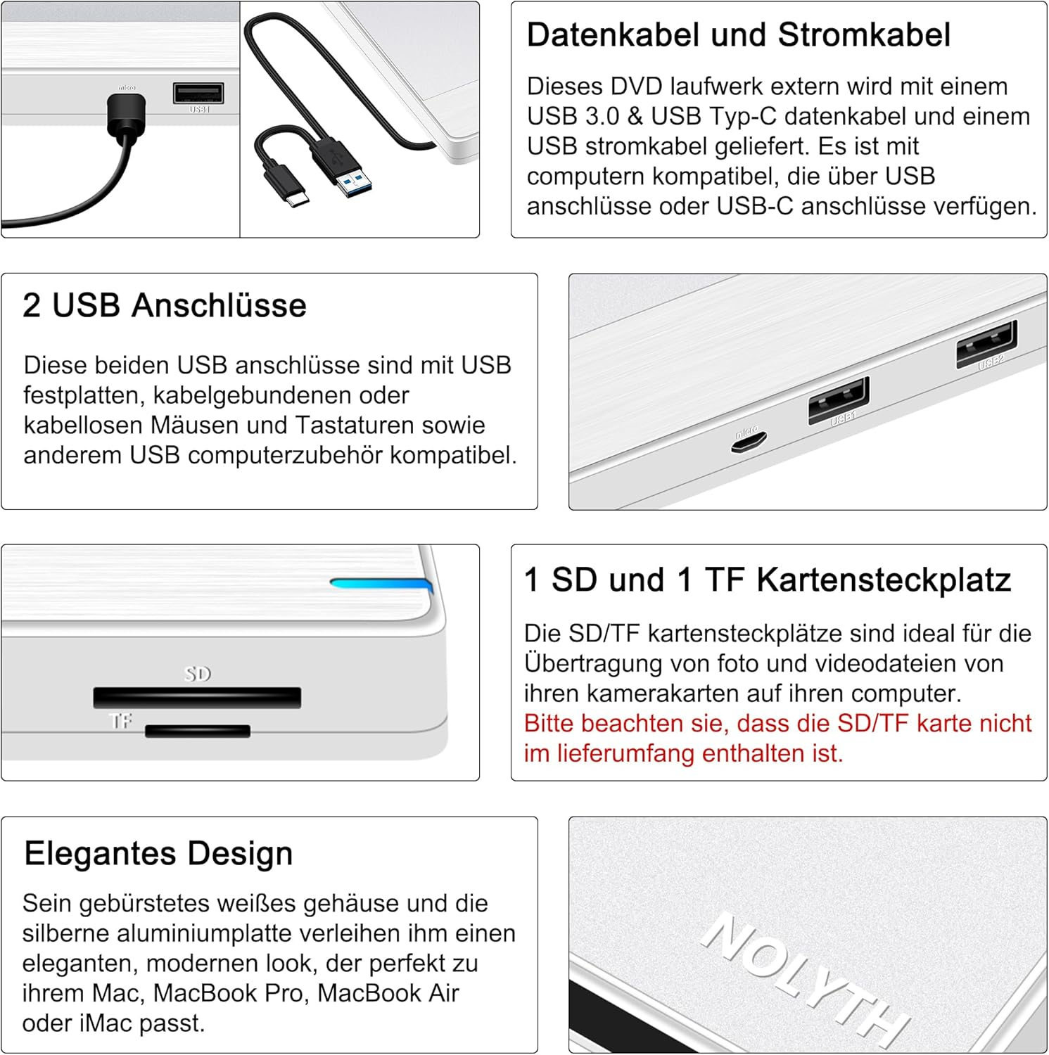 Nahaufnahme eines externen DVD-Laufwerks mit USB- und SD-/TF-Anschlüssen.