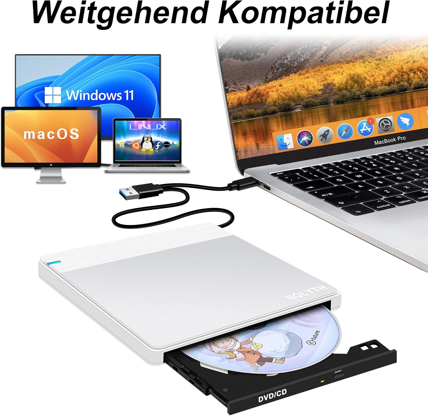 Externe DVD/CD-Laufwerk mit Laptops, die macOS, Windows 11 und Linux anzeigen.
