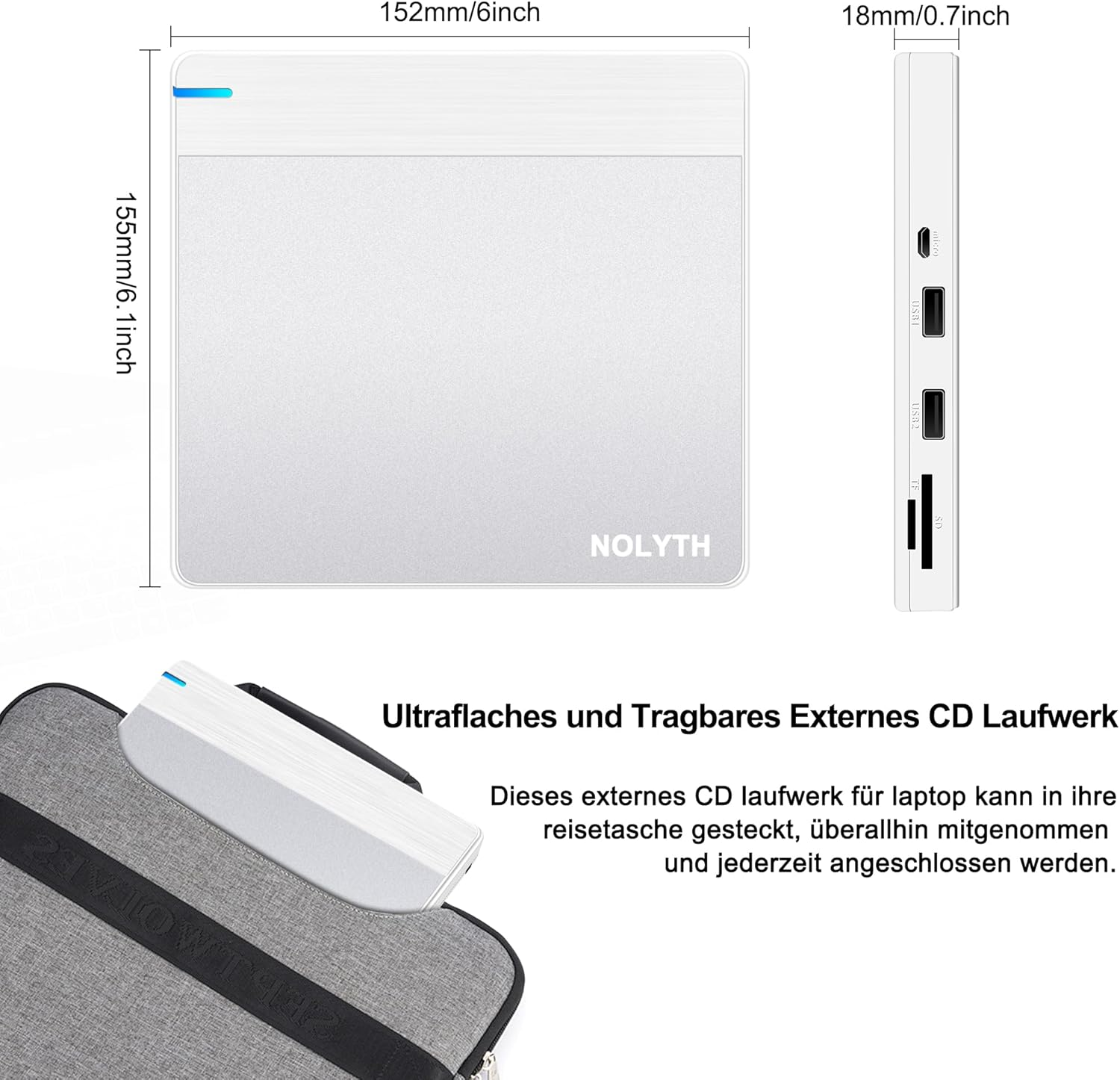 Schlankes, tragbares externes CD-Laufwerk mit USB-Anschlüssen und Kartenleser.