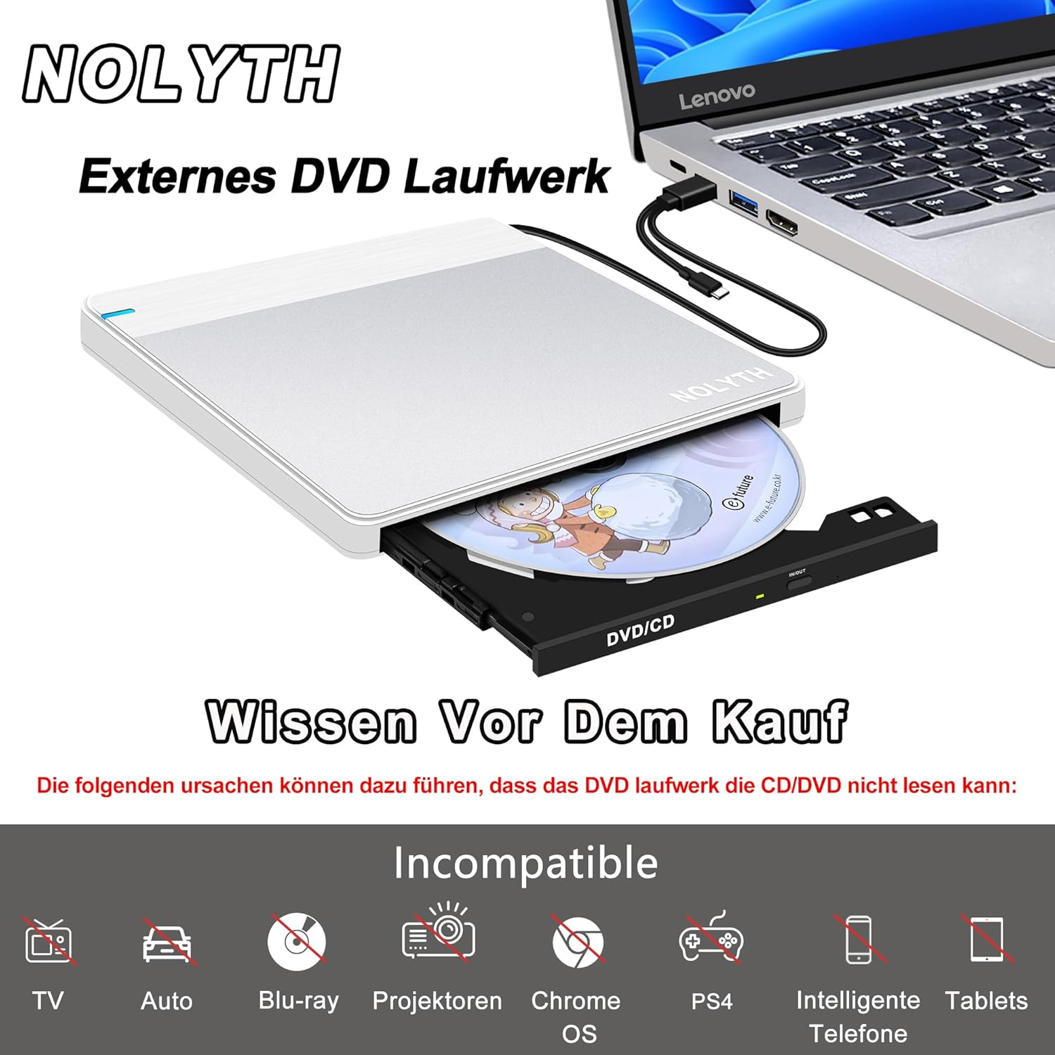 Externes NOLYTH DVD-Laufwerk angeschlossen an einen Lenovo Laptop mit DVD.
