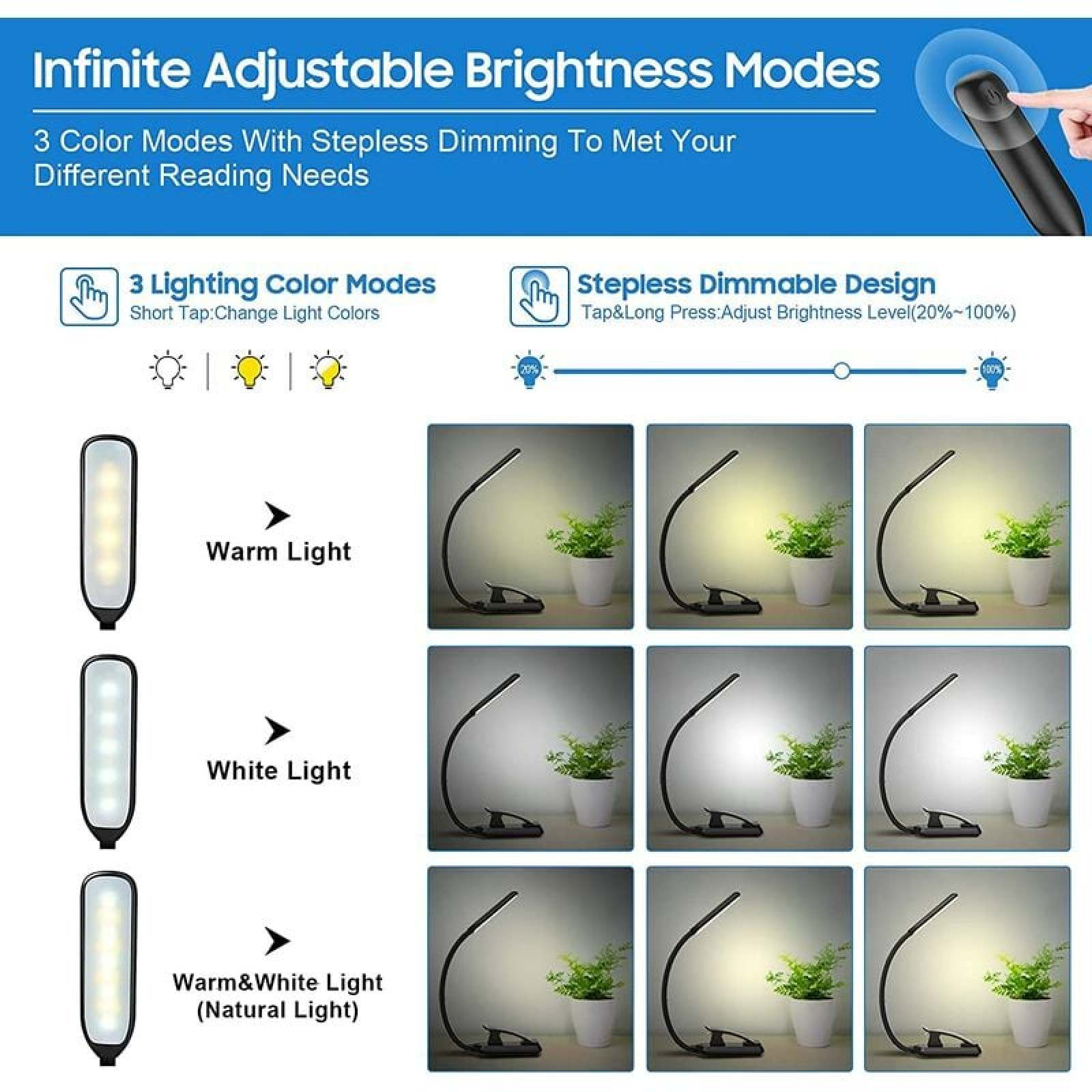 Schreibtischlampe mit verschiedenen Lichtmodi und Helligkeitseinstellungen.