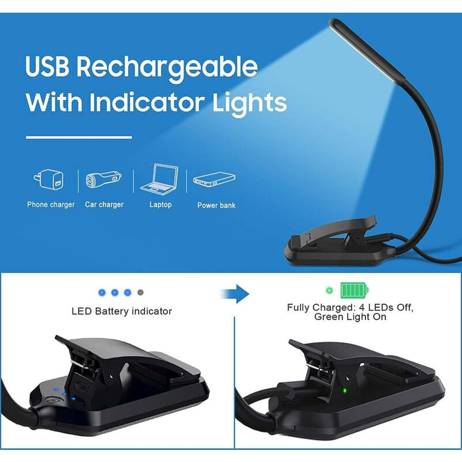 USB-Lampe mit Ladeanzeigen, anschließbar an verschiedene Stromquellen.