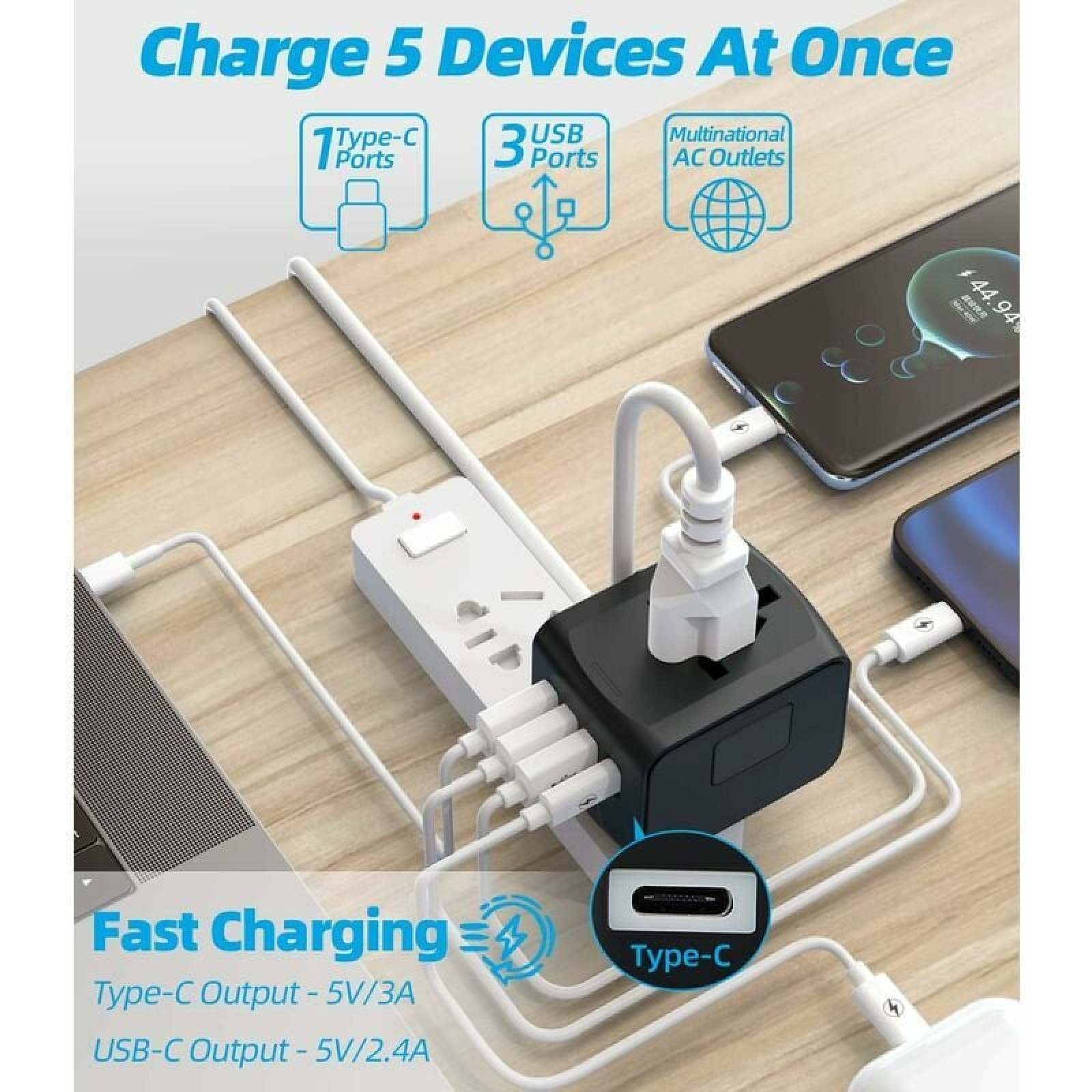 Ladegerät mit einem USB-C-Anschluss, drei USB-Anschlüssen und Steckdosen.