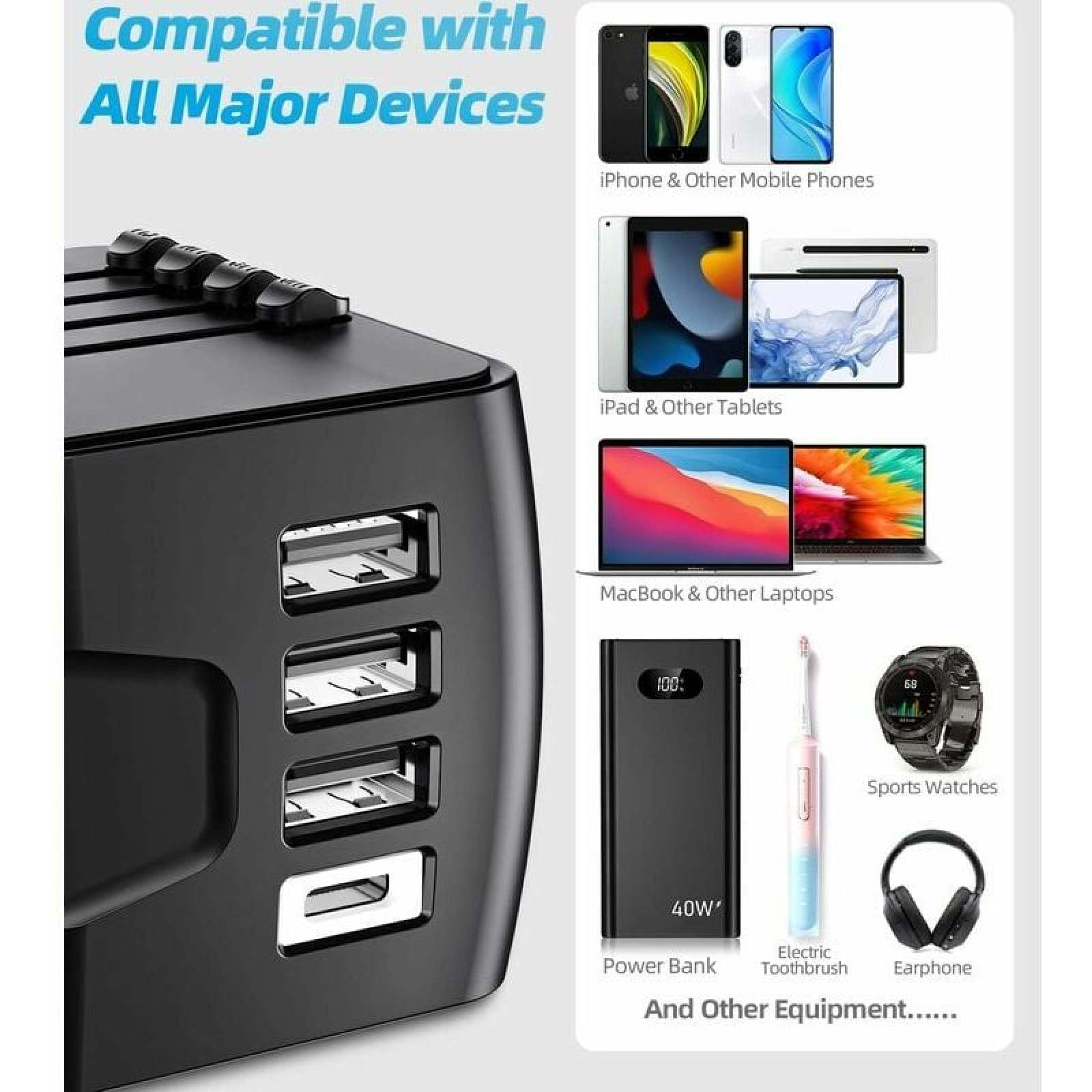 Schwarzes Ladegerät mit mehreren USB-Anschlüssen und abgebildeten Geräten.