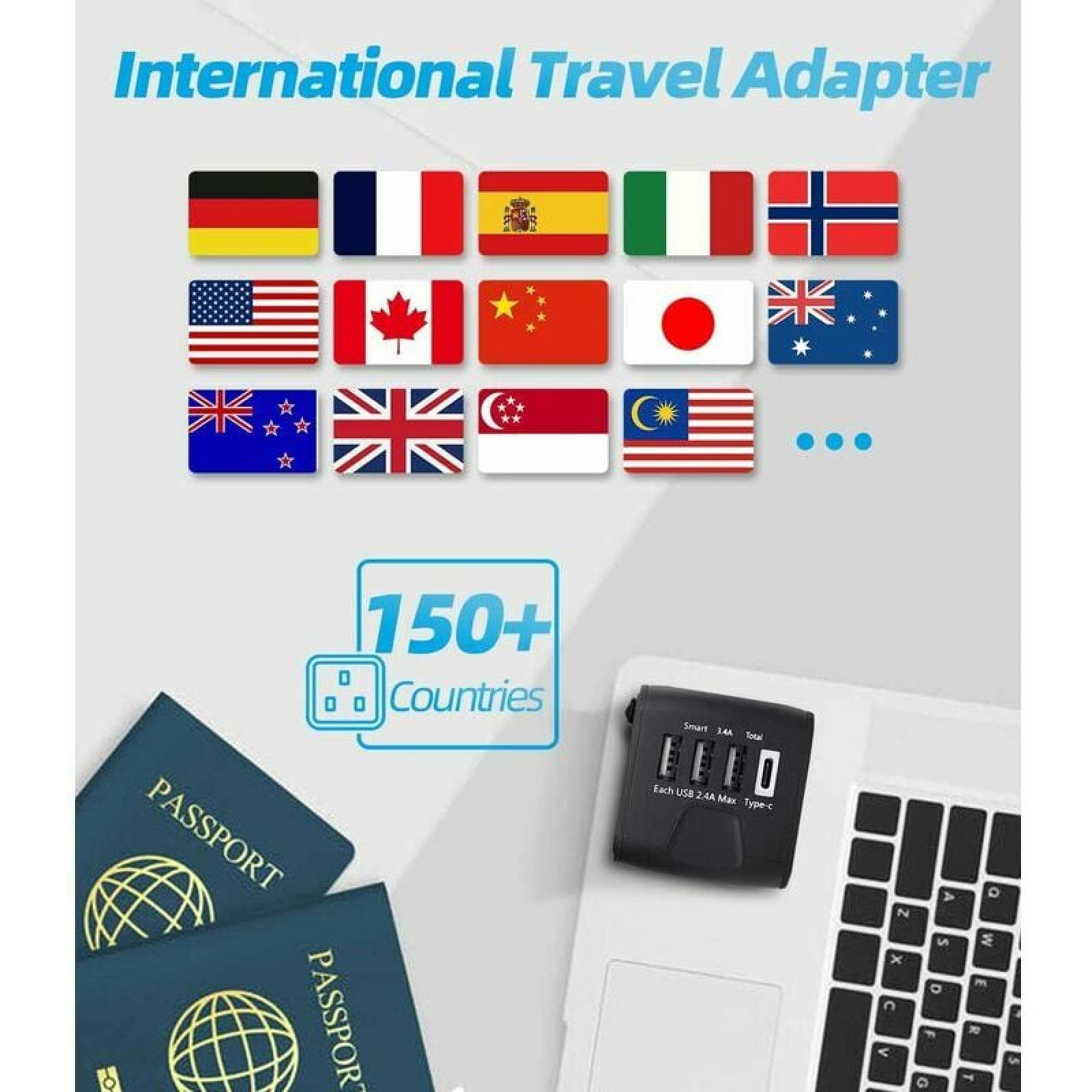 Internationale Reiseadapter mit Länderflaggen, Pässen und einem USB-Ladegerät.
