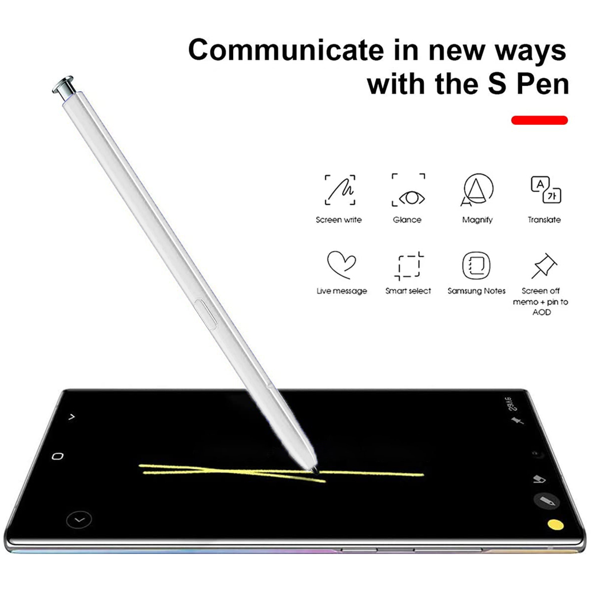 Ein weißer S Pen liegt auf einem schwarzen Bildschirm, auf dem gelbe Linien gezeichnet sind.