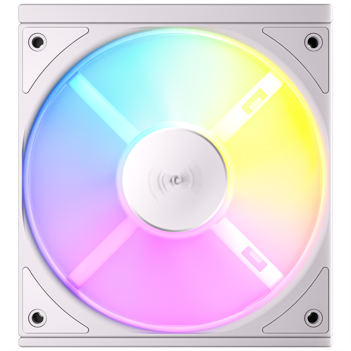 Ein weißer Lüfter mit RGB-Beleuchtung in Blau-, Lila- und Gelbtönen.