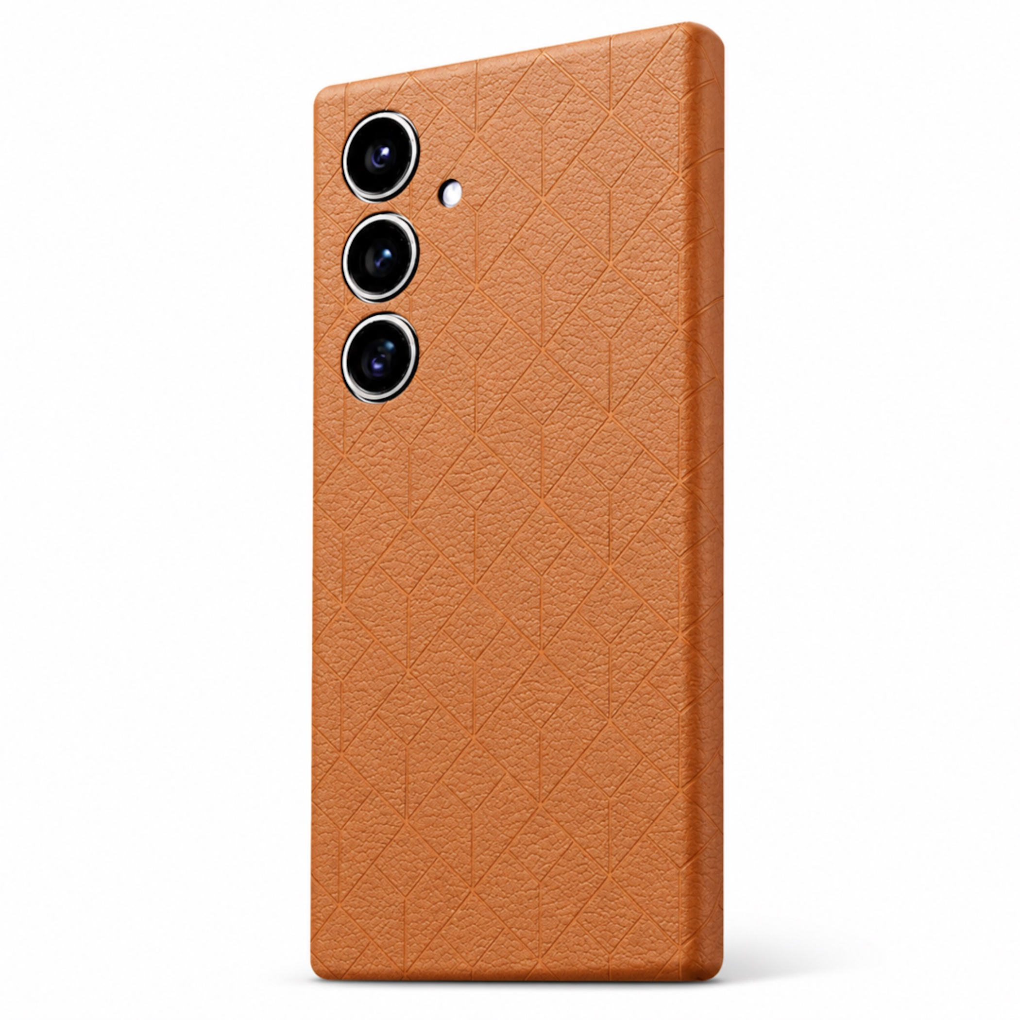 Ein orangefarbenes Handy mit drei Kameras und einem Muster.