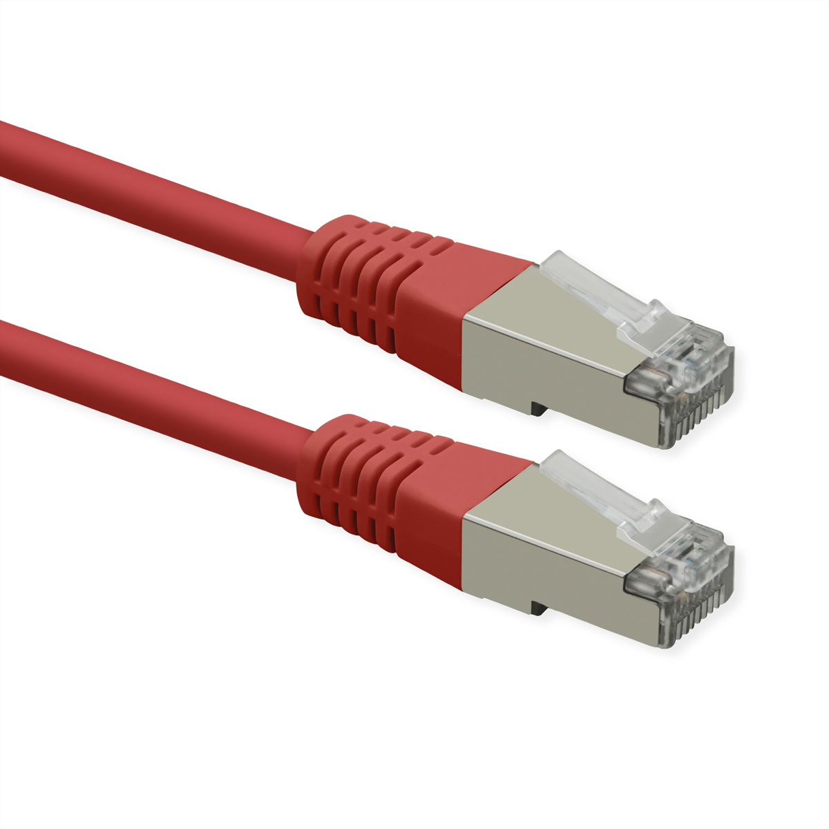 Zwei rote Netzwerkkabel mit silbernen Steckern auf weißem Hintergrund.