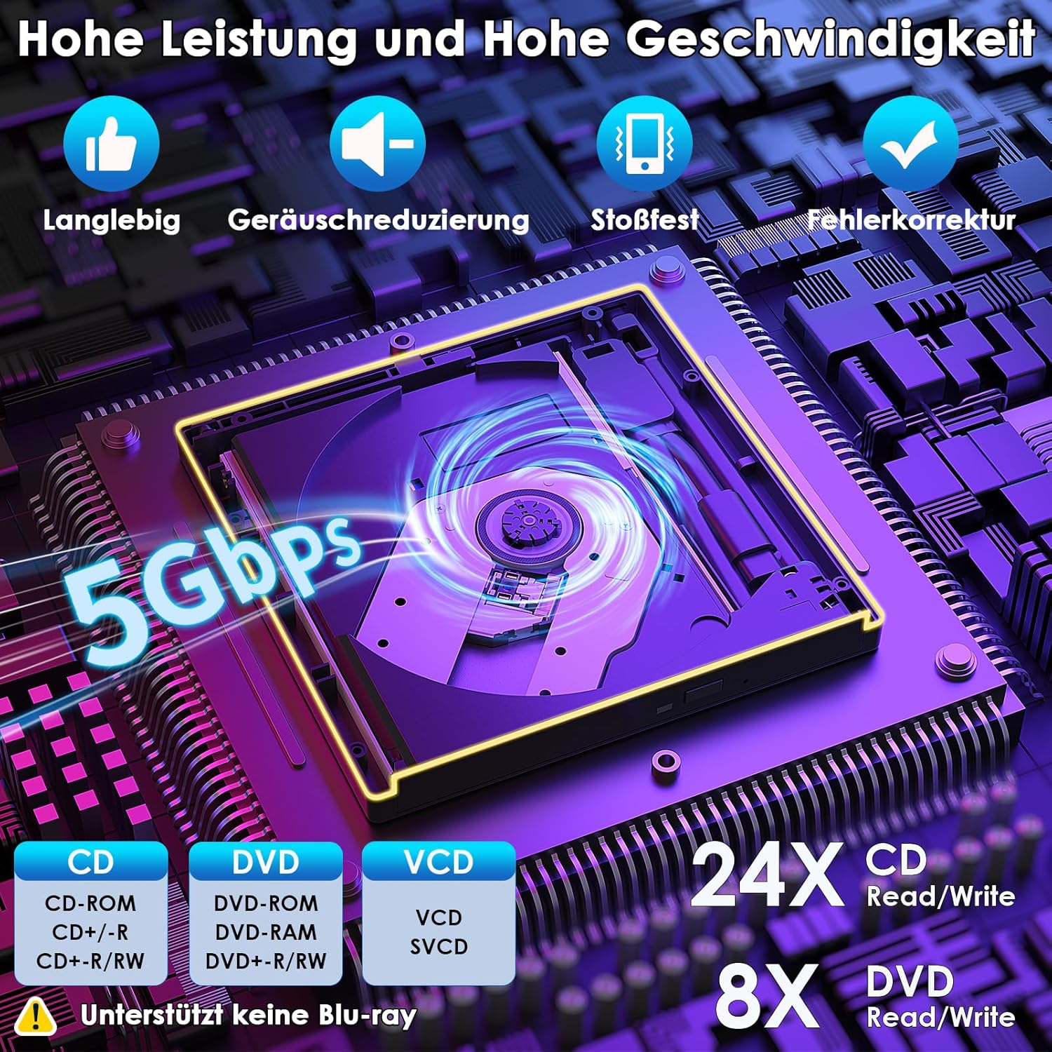 Ein CD/DVD-Laufwerk mit 5 Gbps, 24x CD und 8x DVD Lese-/Schreibgeschwindigkeit.