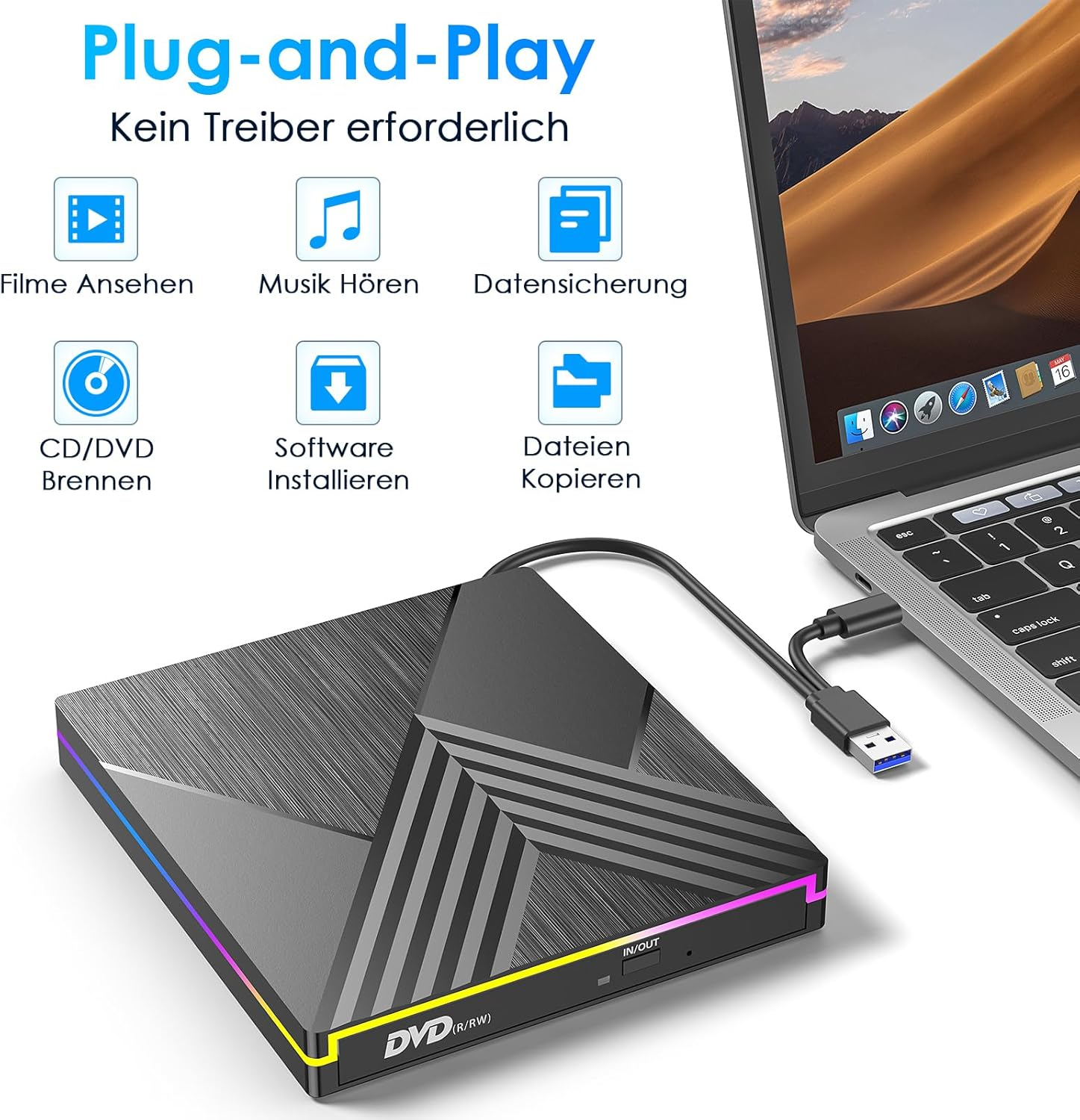 Schwarzer externer DVD-Brenner mit USB-Anschluss an einem Laptop.