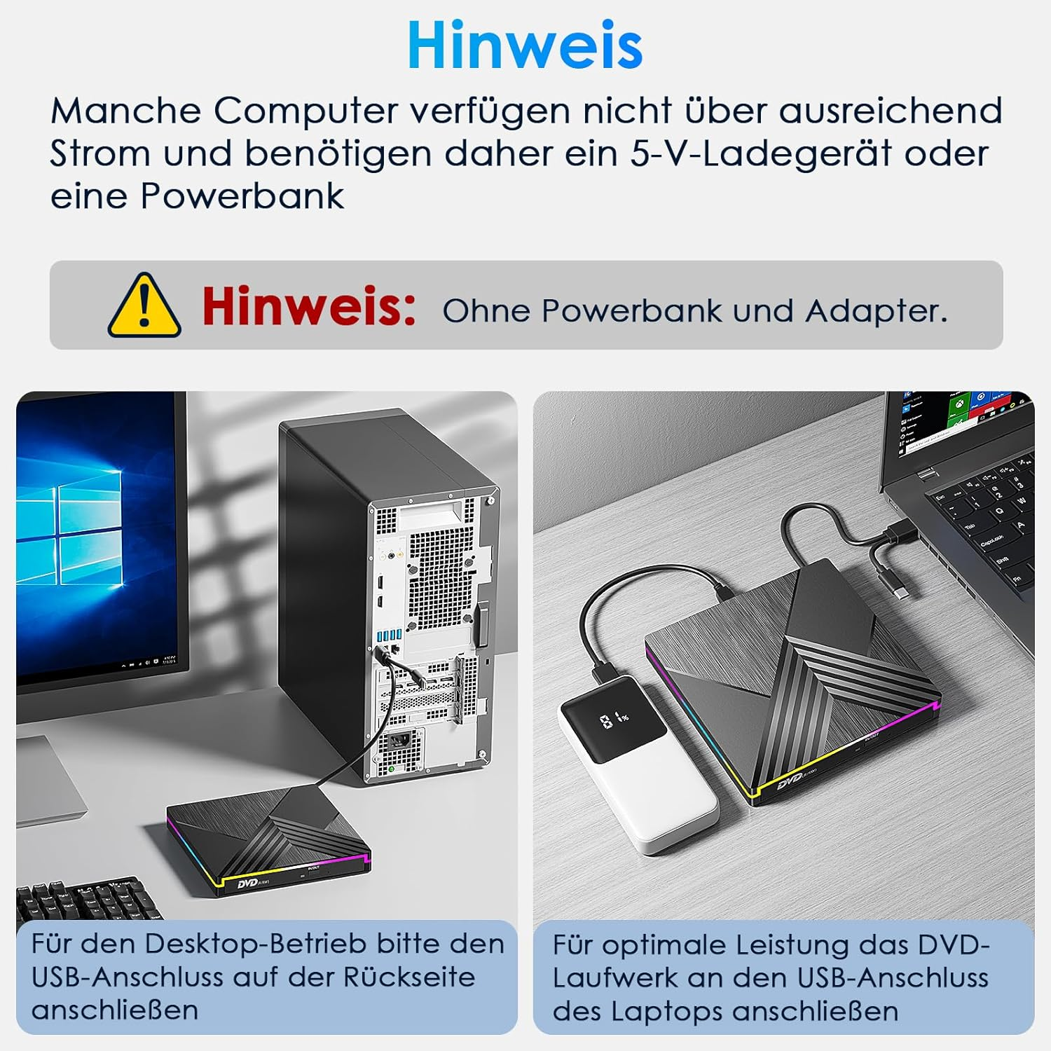 Ein DVD-Laufwerk wird an einen Desktop-PC oder Laptop angeschlossen.