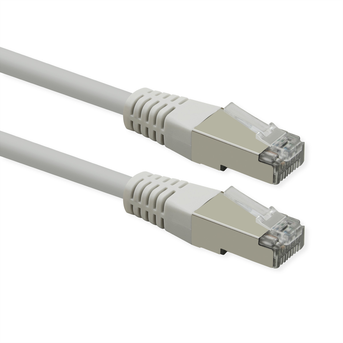 Zwei graue Netzwerkkabel mit silbernen Steckern und transparenten Kappen.