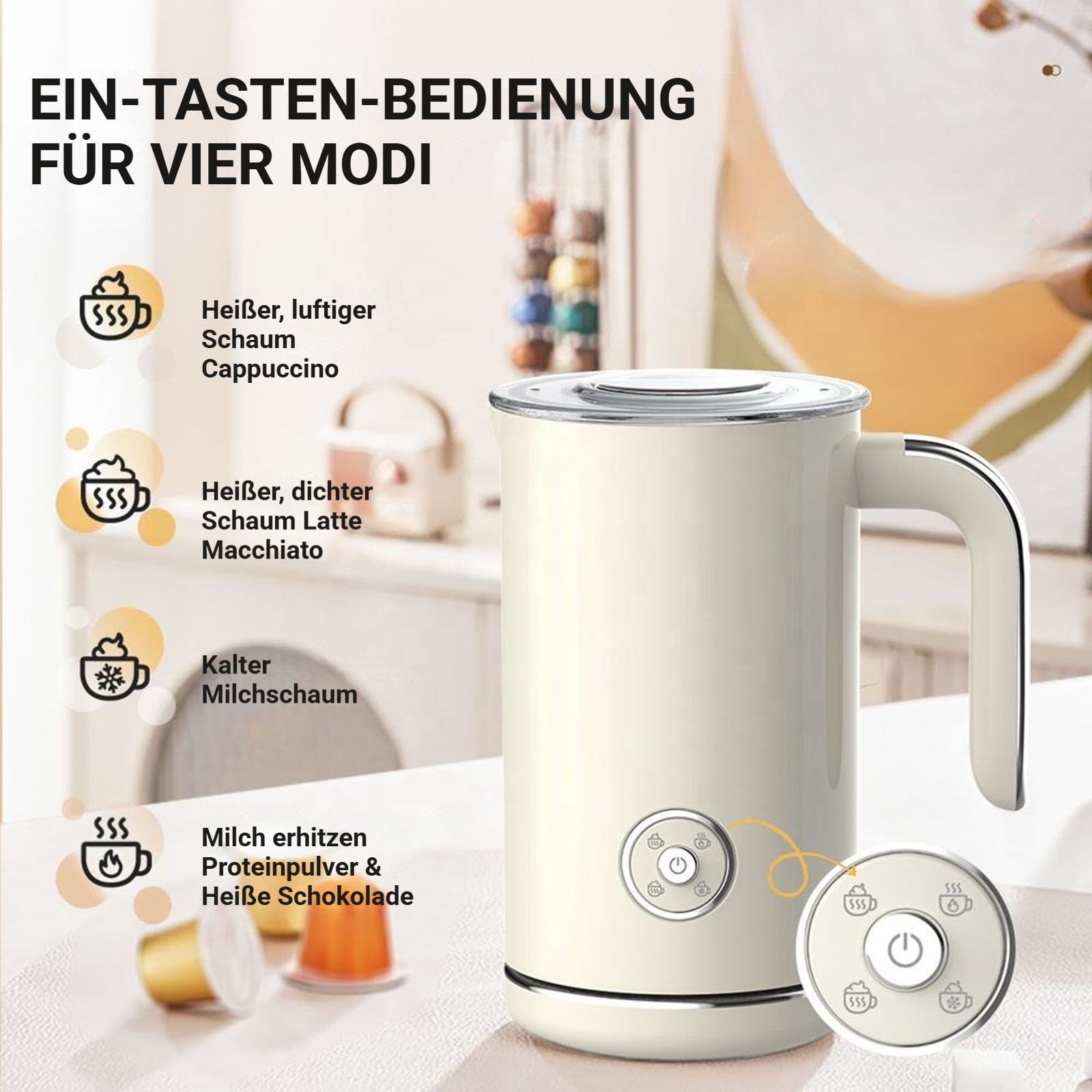 Ein cremiger Milchaufschäumer mit vier Modi: heißer Schaum, kalter Schaum, heiße Schokolade.