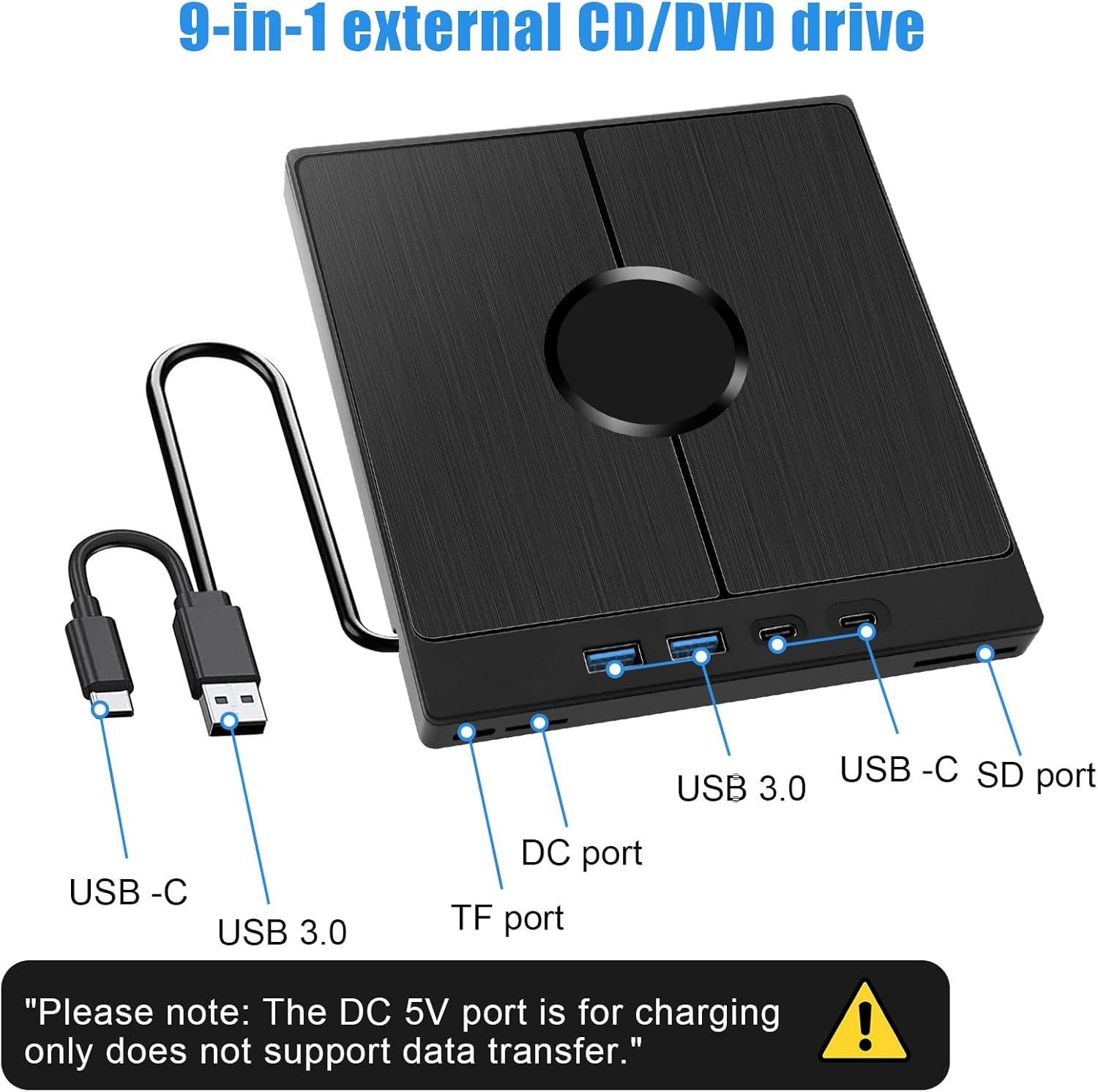Schwarzer externer 9-in-1 CD/DVD-Laufwerk mit USB-C, USB 3.0, DC, TF, SD-Ports.