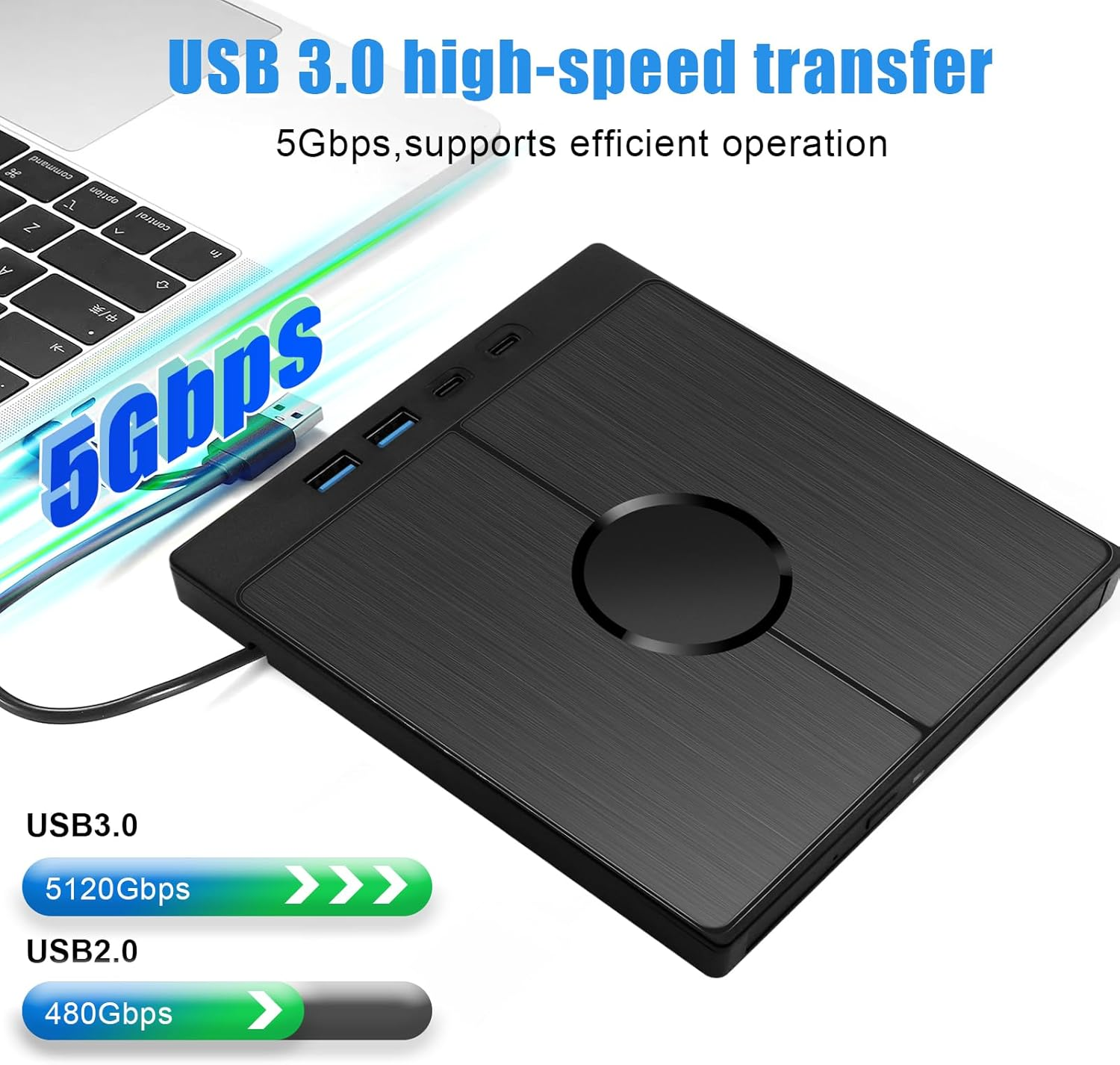 Schwarzer USB-Hub mit silbernem Laptop, 5 Gbps Übertragungsgeschwindigkeit.