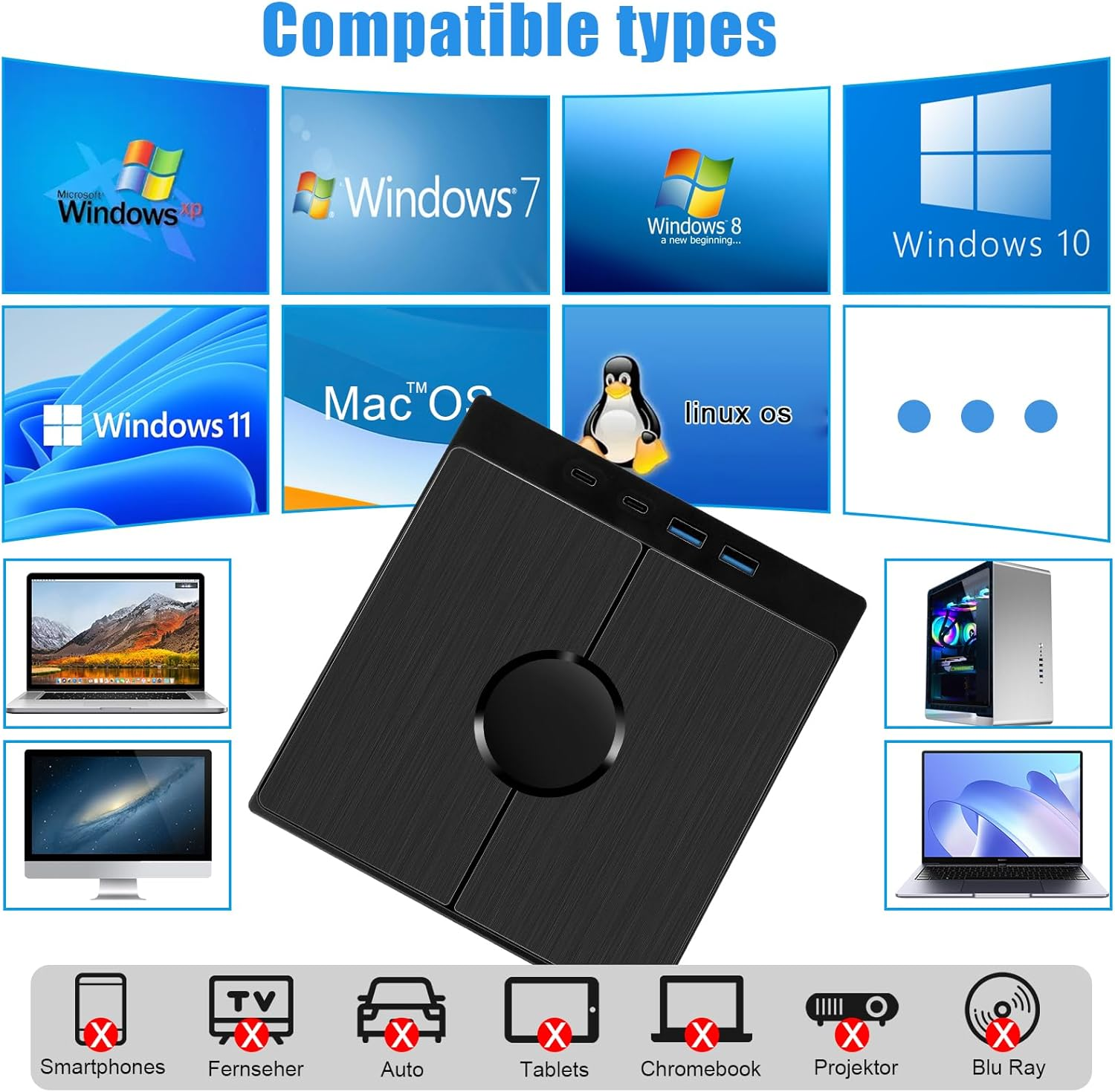 Kompatible Betriebssysteme: Windows XP, 7, 8, 10, 11, Mac OS, Linux. Geräte: Laptop, PC, Monitor.